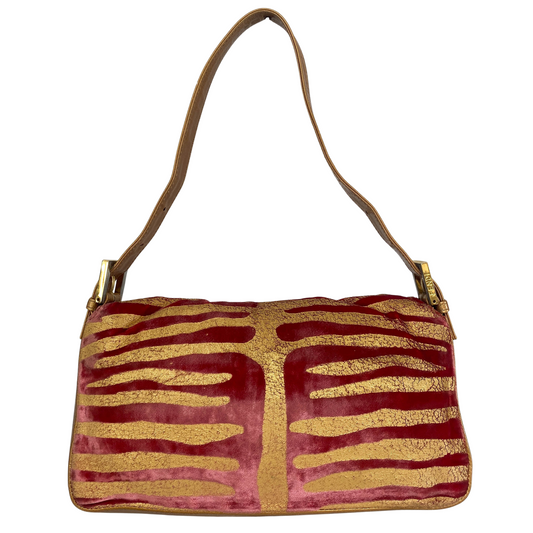 Baguette Red Tiger Gold Zebra Pattern Leather / Velvet Shoulder Bag