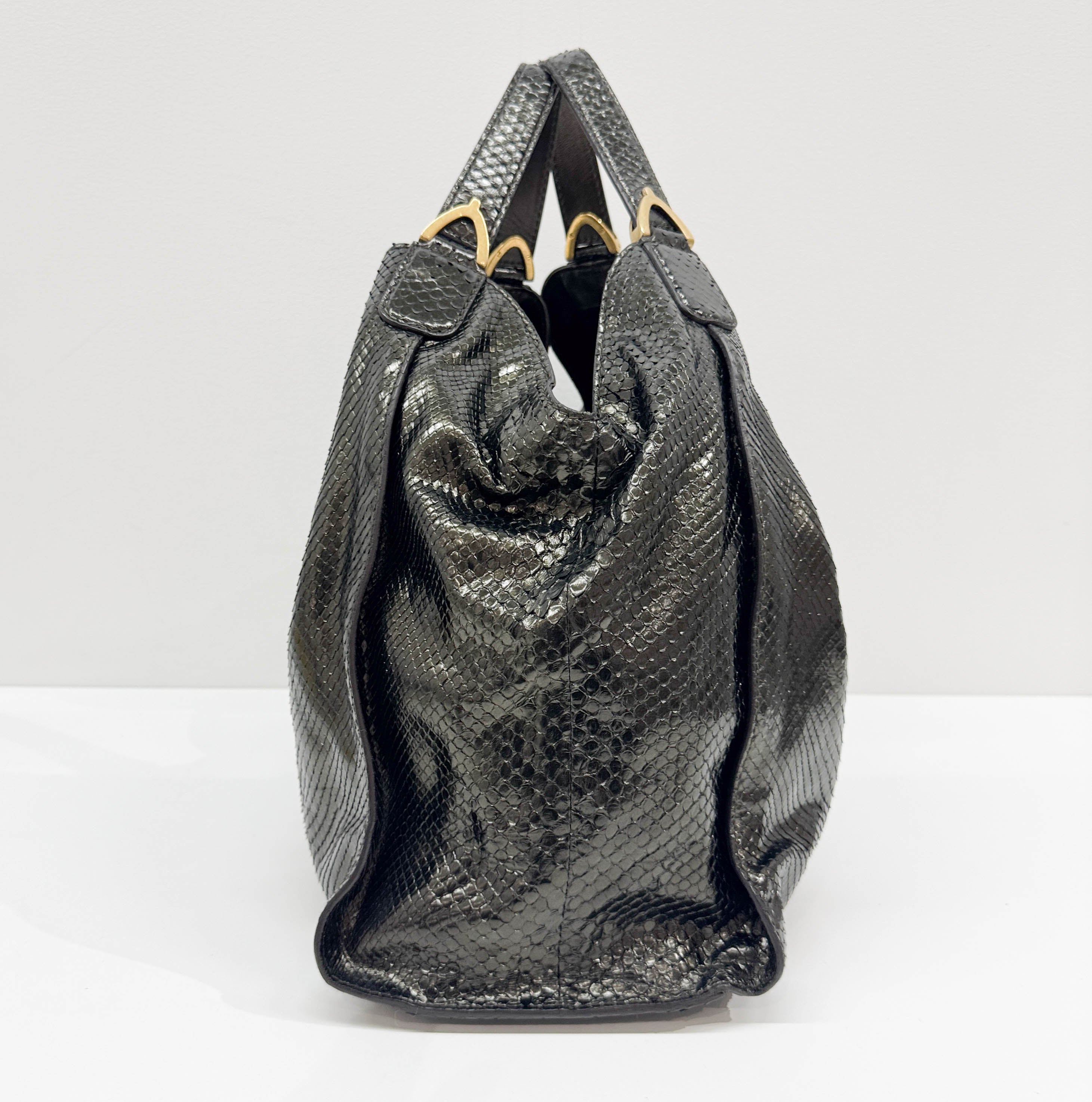 Stirrup Dark Bronze Python Embossed Leather Hobo Shoulder Bag