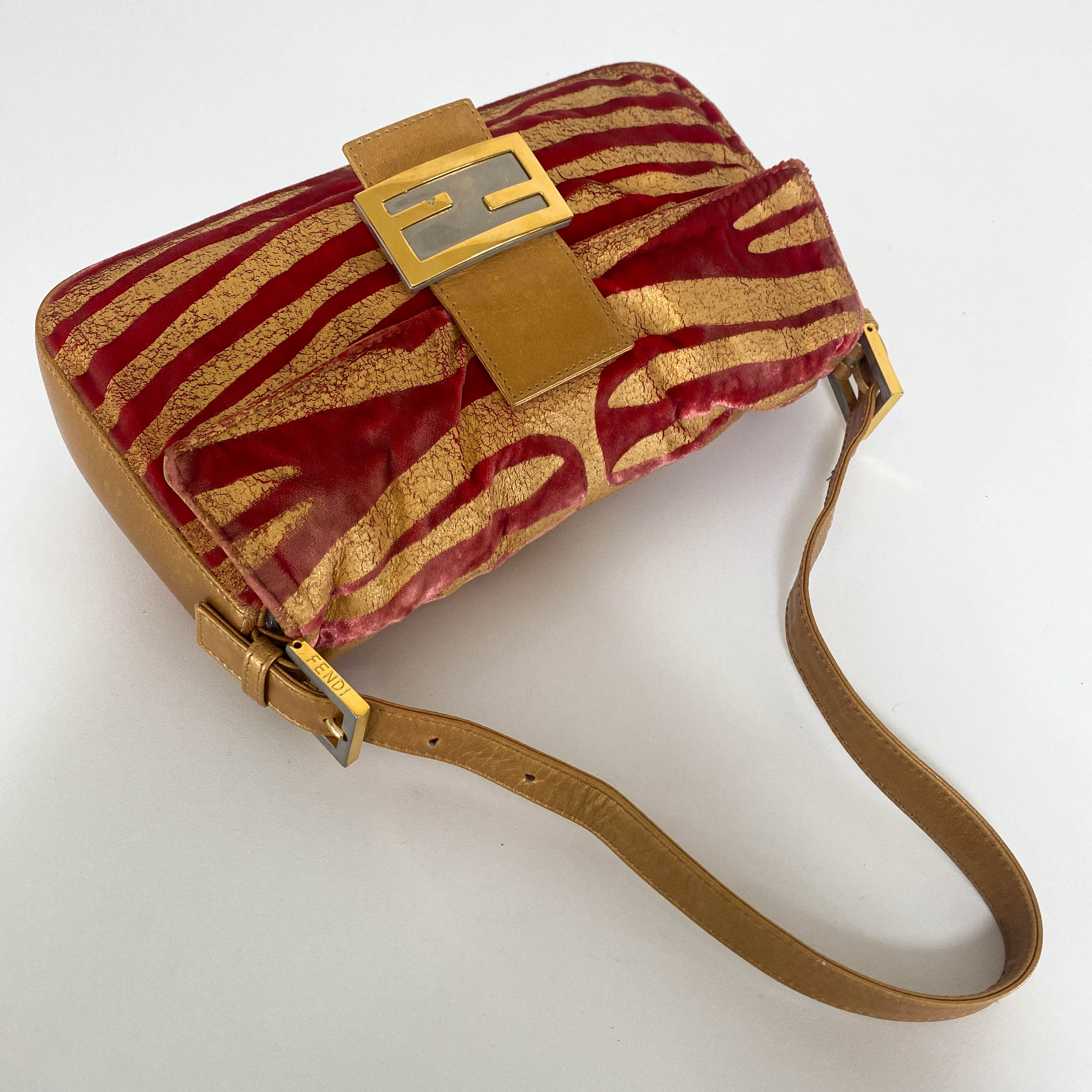 Baguette Red Tiger Gold Zebra Pattern Leather / Velvet Shoulder Bag