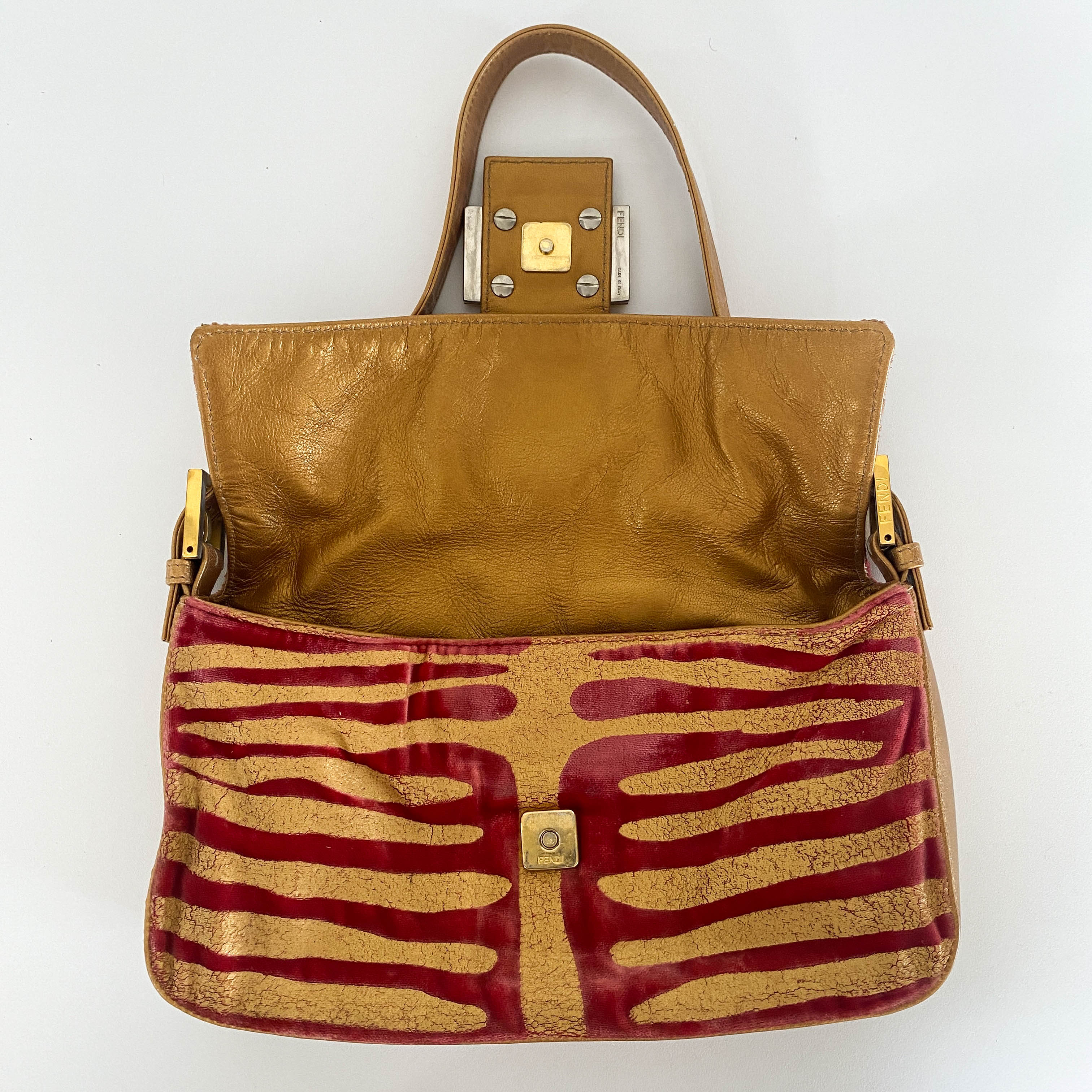 Baguette Red Tiger Gold Zebra Pattern Leather / Velvet Shoulder Bag
