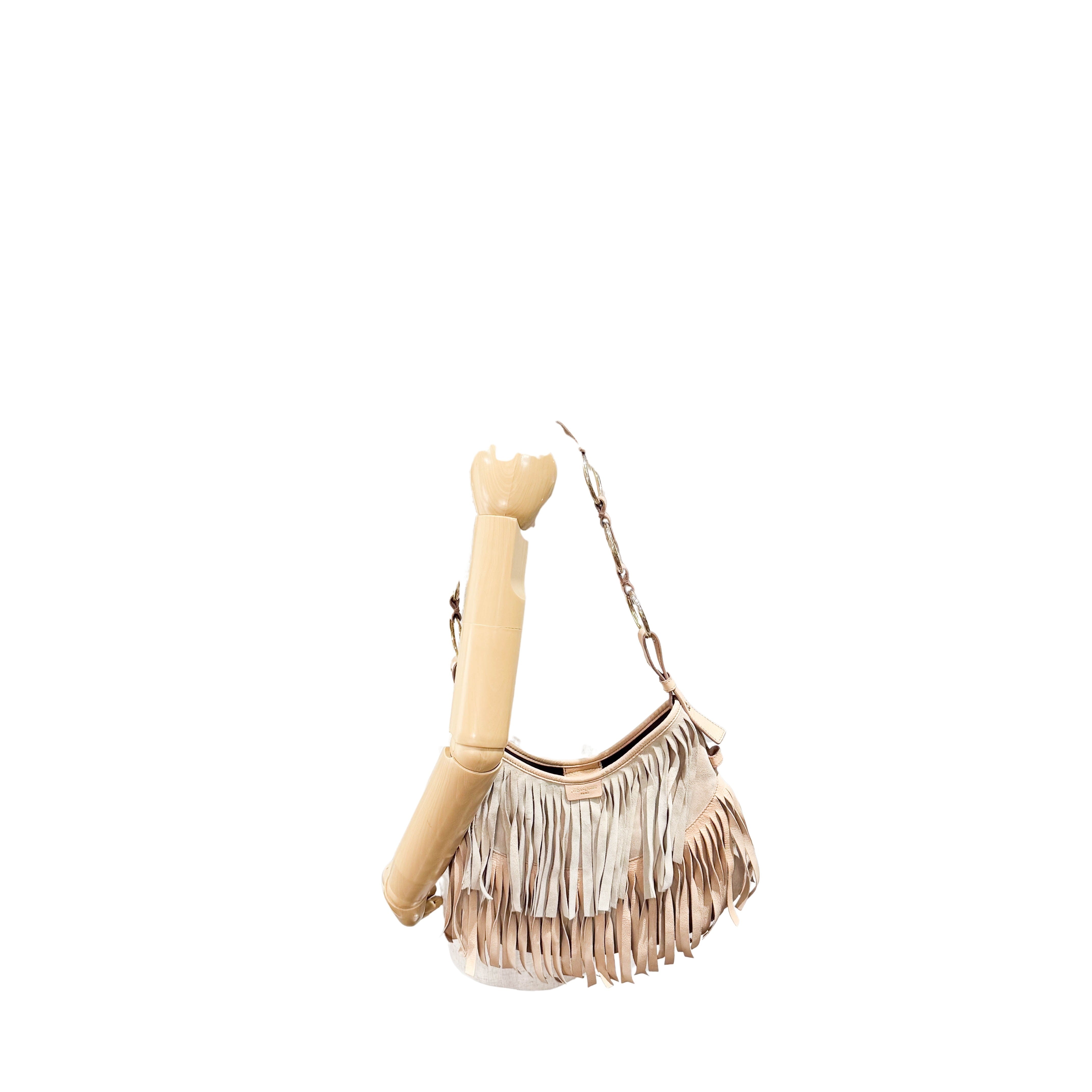 Rive Gauche Beige Suede Fringe Boheme Bag