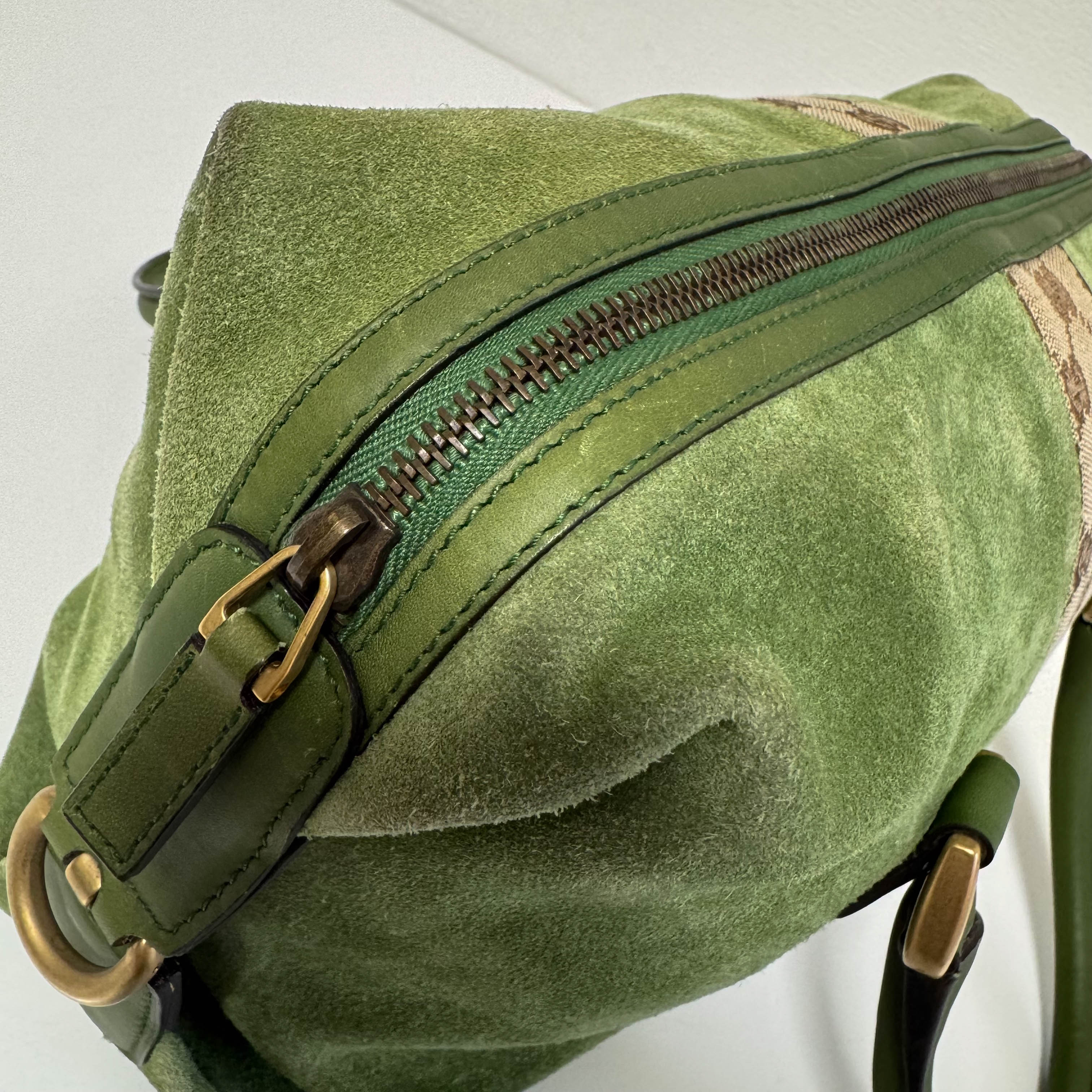 Suede Small Boston Bag Green Monogram GG Canvas Leather Bowling