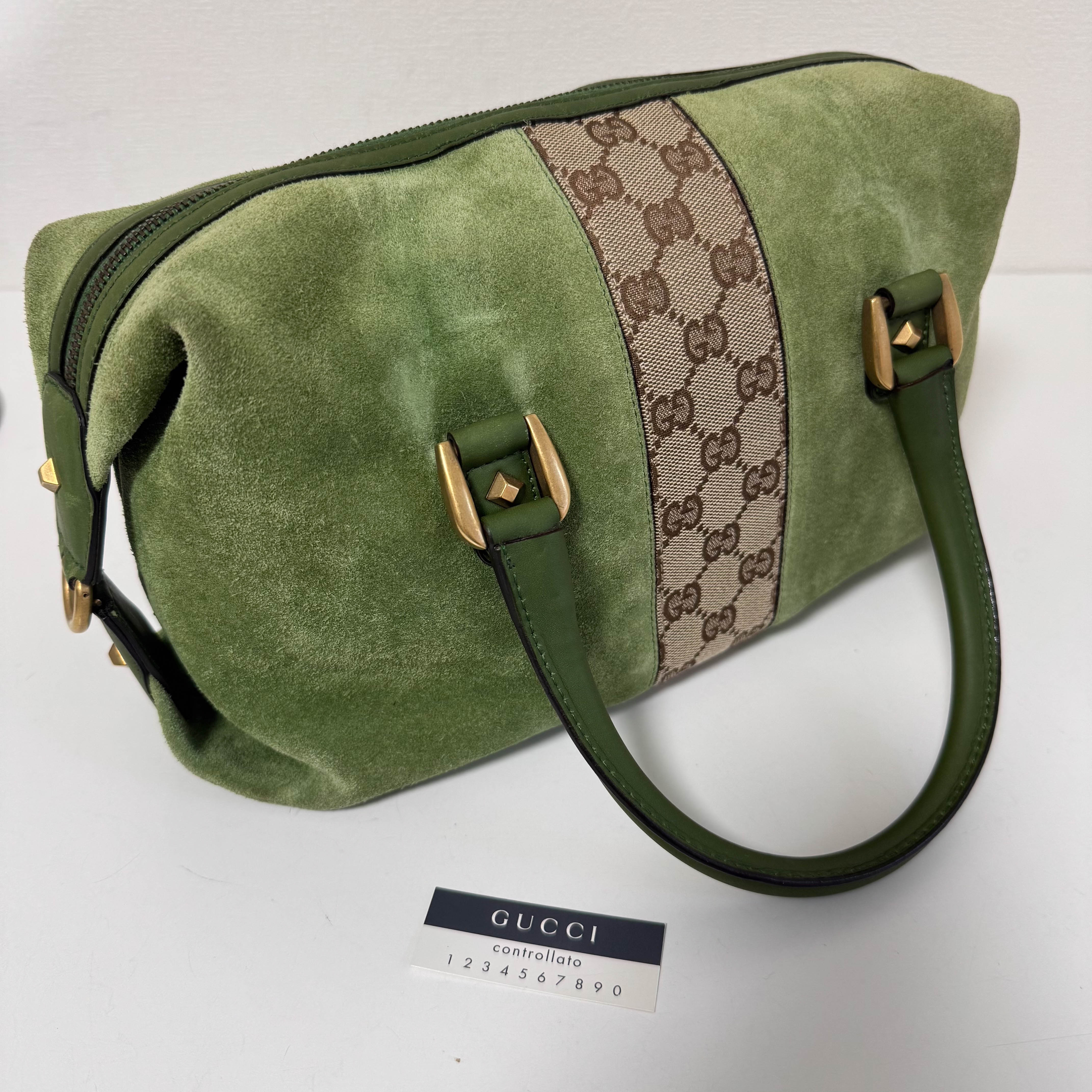 Suede Small Boston Bag Green Monogram GG Canvas Leather Bowling