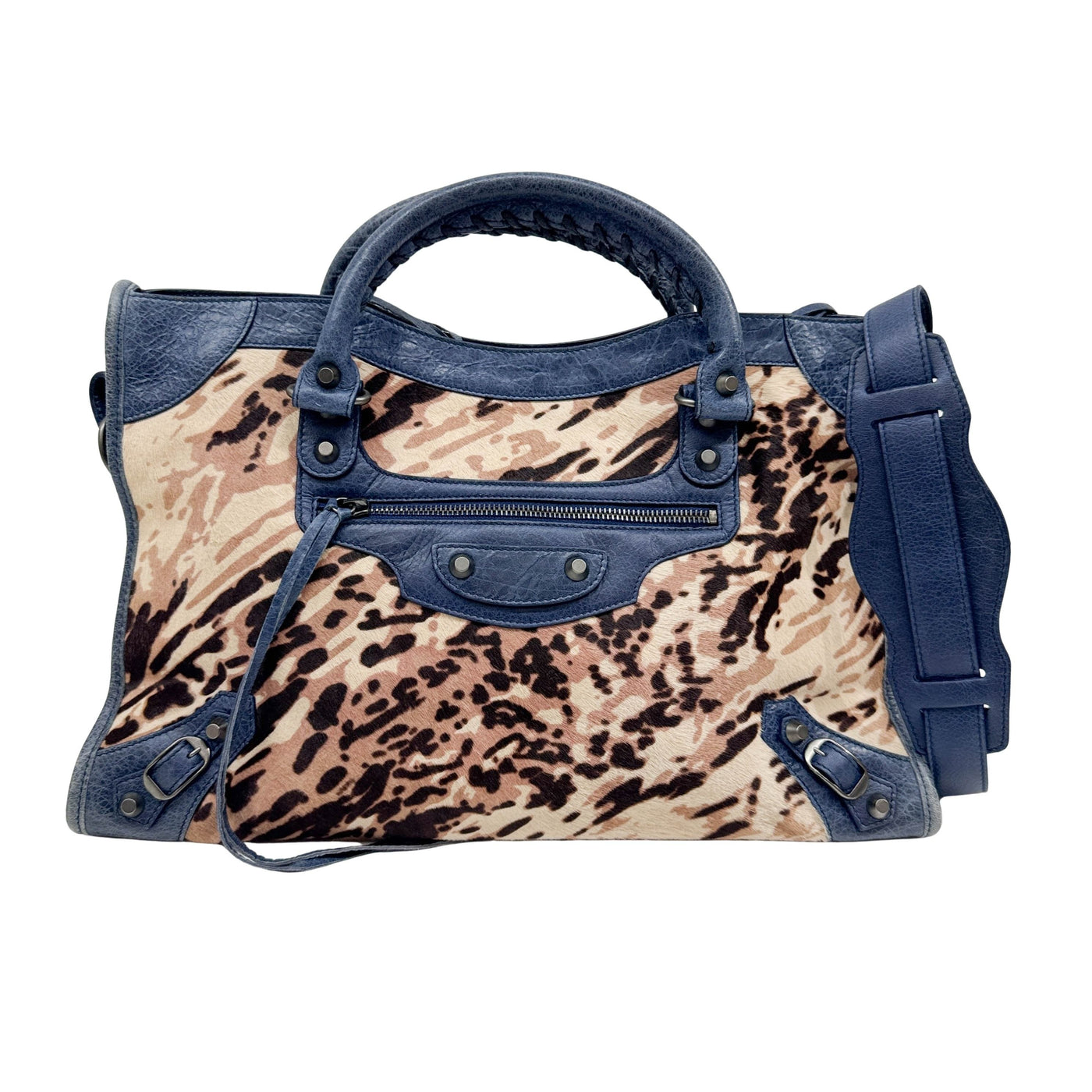 The City Blue Leather Trim Brown Leopard Print Pony Hair Two Way Bag