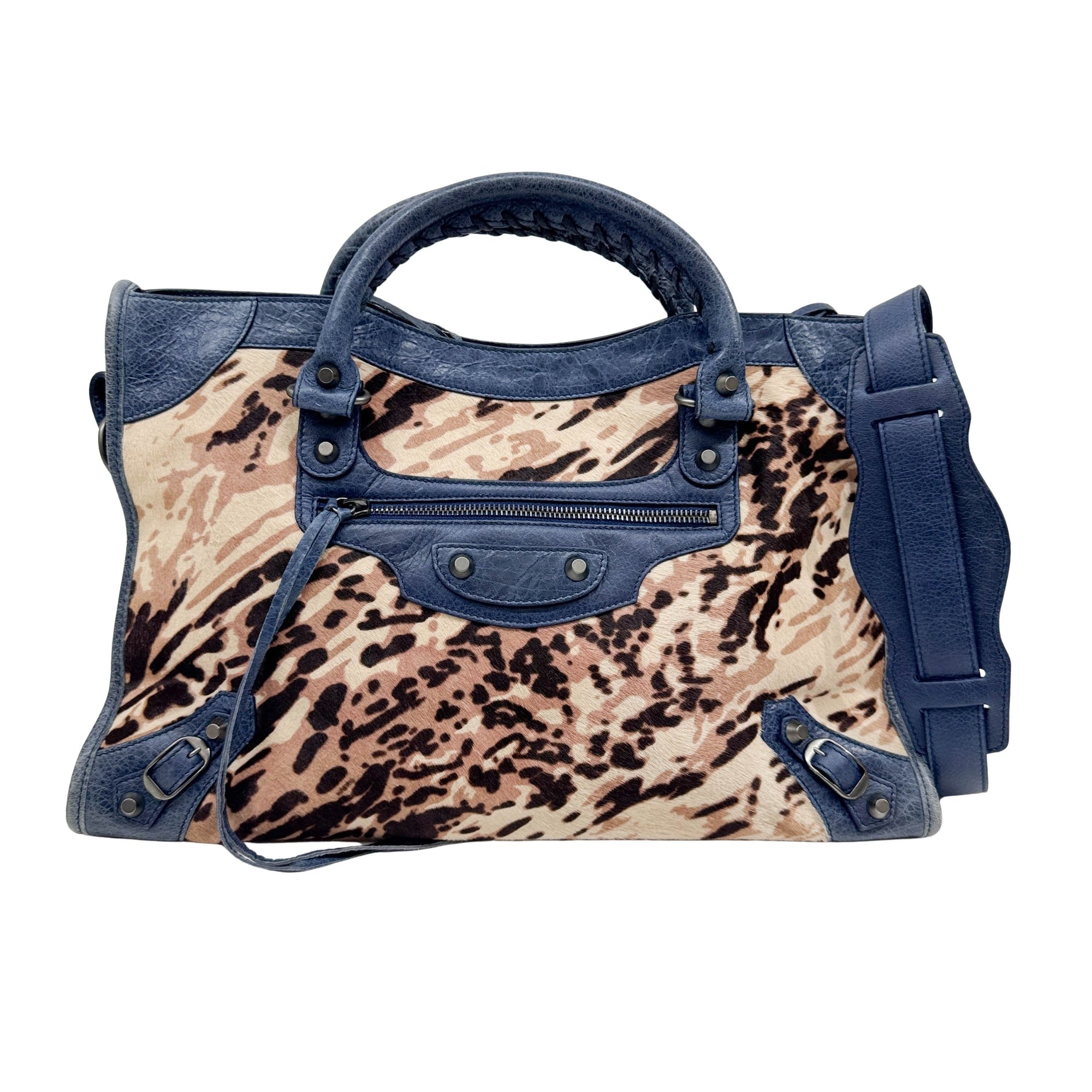 The City Blue Leather Trim Brown Leopard Print Pony Hair Two Way Bag