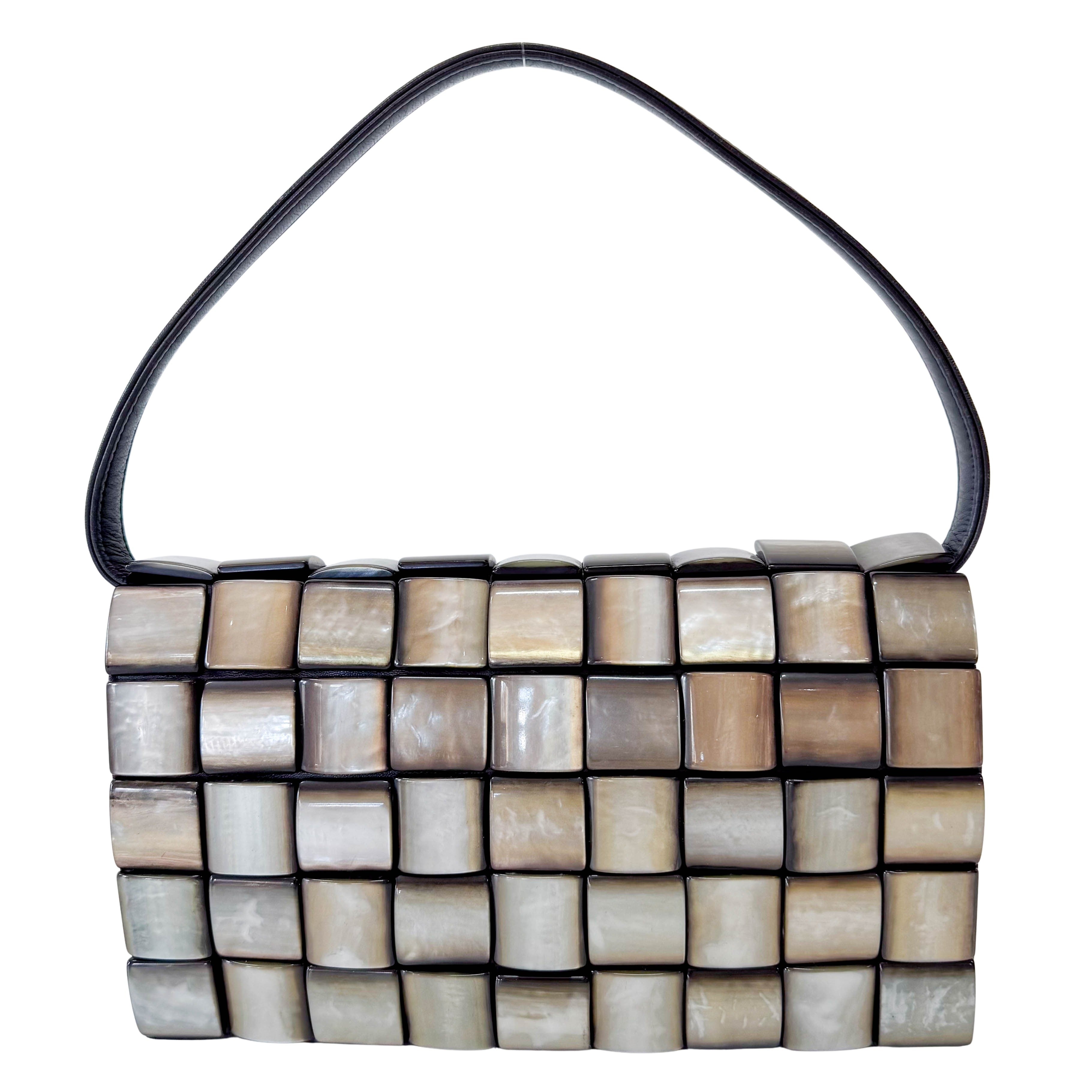 Vintage Cassette Square Mother of Pearl Embellished Black Leather Shoulder Bag