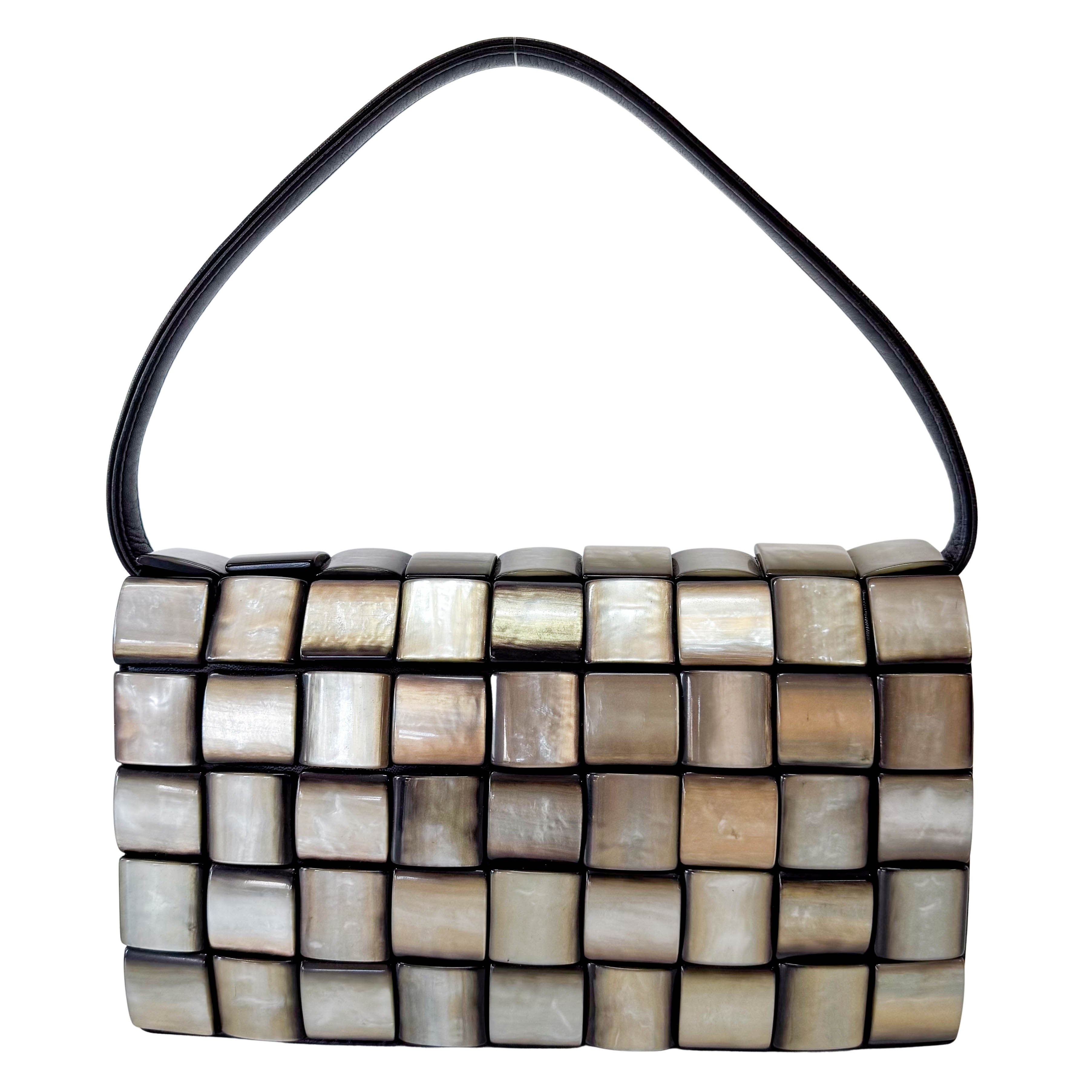 Vintage Cassette Square Mother of Pearl Embellished Black Leather Shoulder Bag