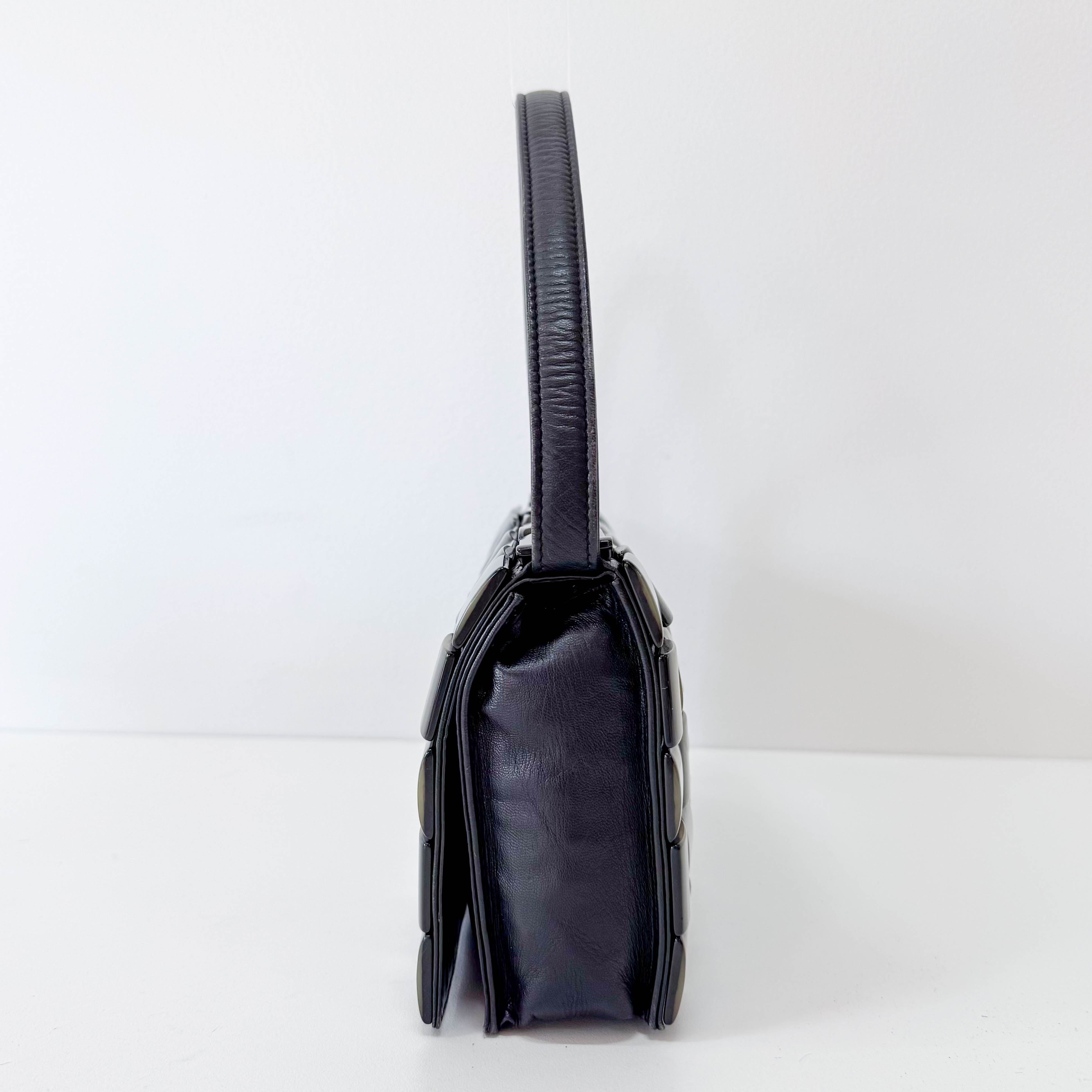 Vintage Cassette Square Mother of Pearl Embellished Black Leather Shoulder Bag