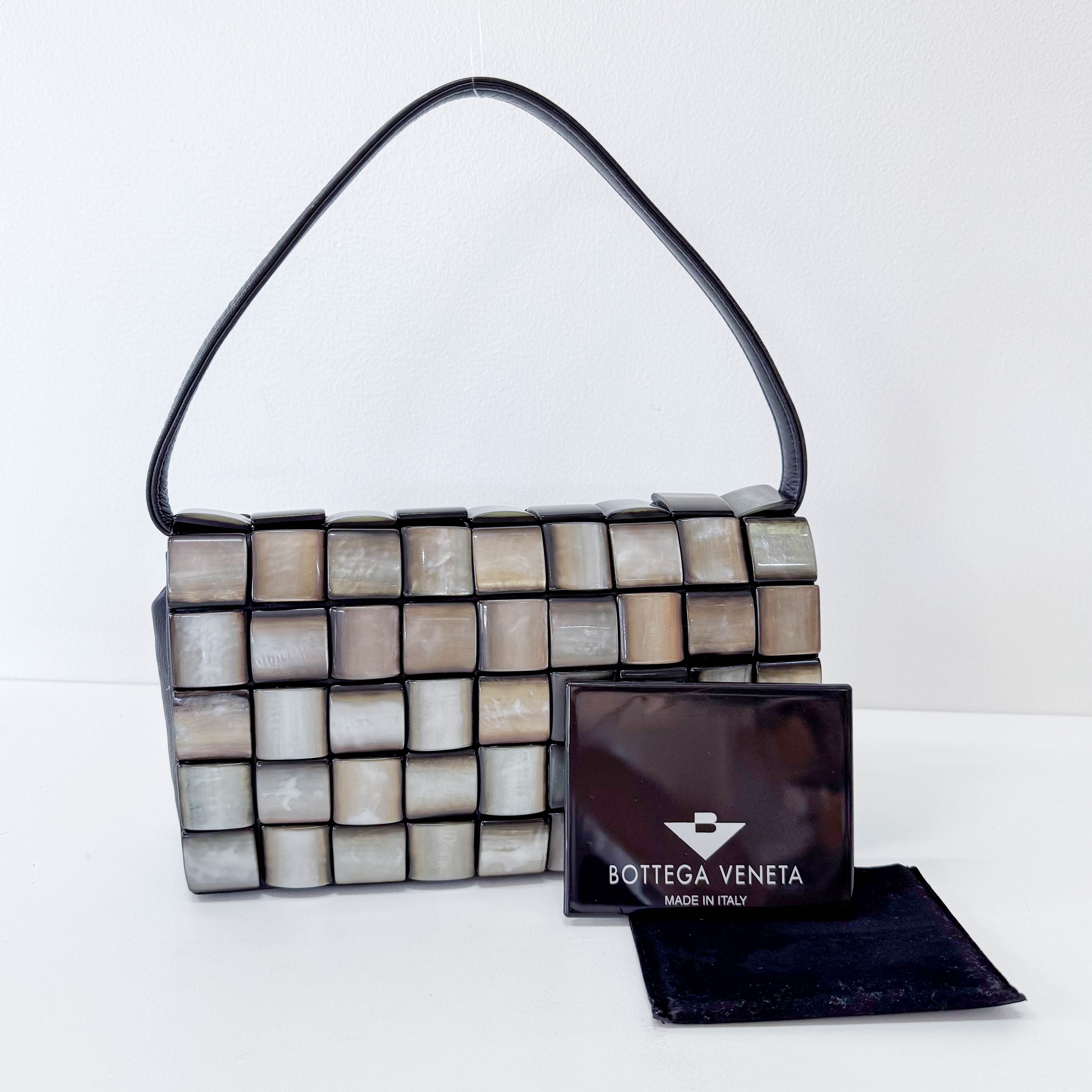 Vintage Cassette Square Mother of Pearl Embellished Black Leather Shoulder Bag