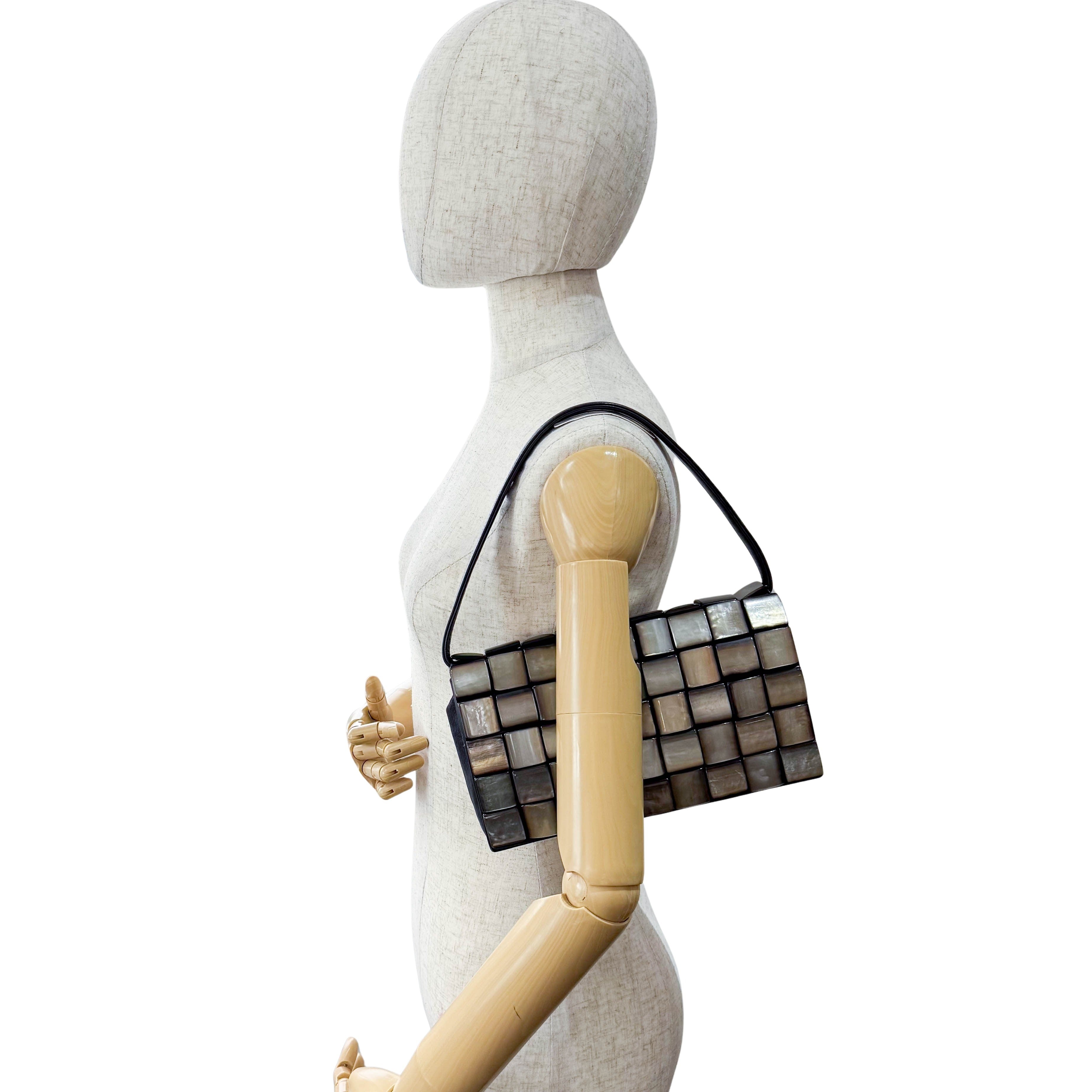 Vintage Cassette Square Mother of Pearl Embellished Black Leather Shoulder Bag