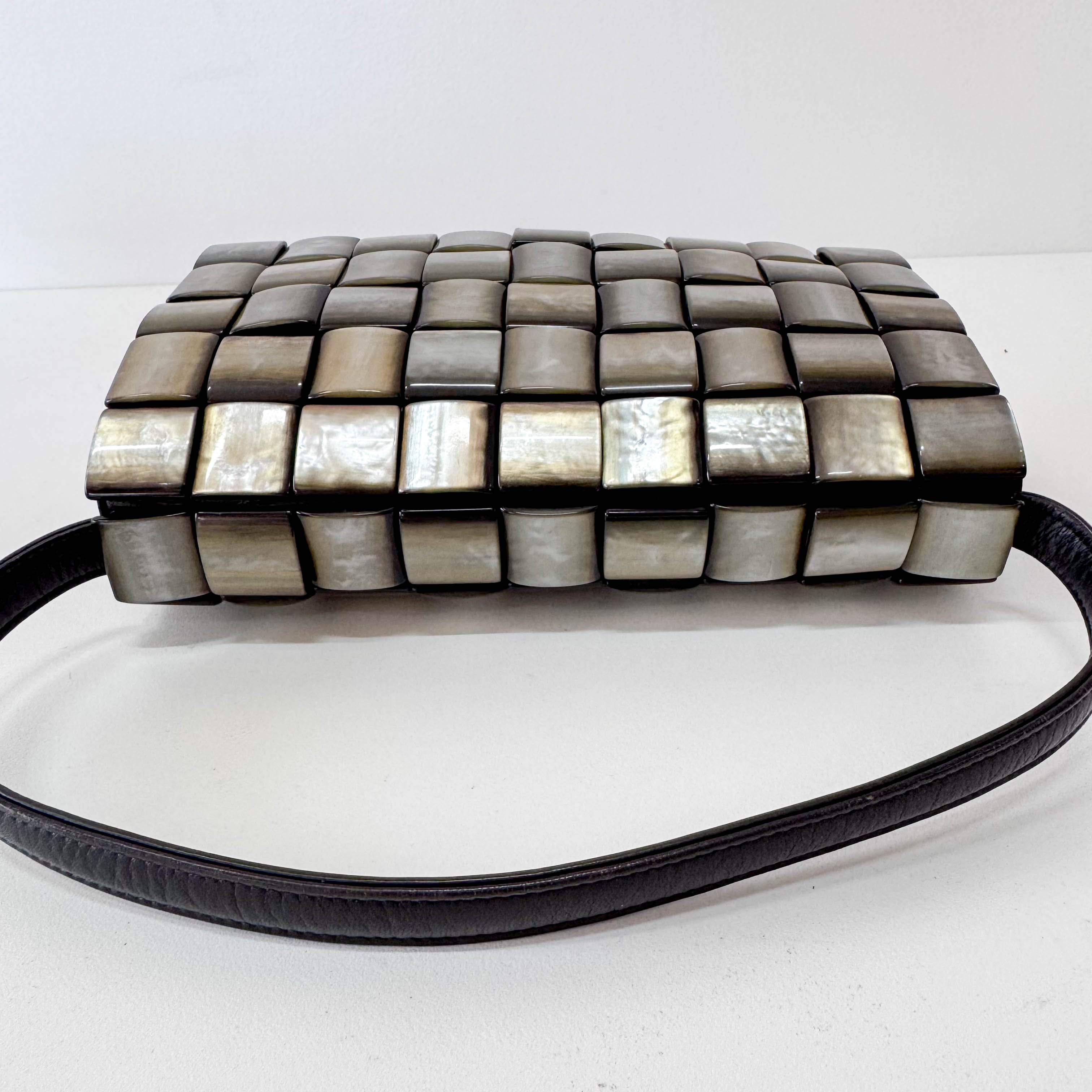 Vintage Cassette Square Mother of Pearl Embellished Black Leather Shoulder Bag