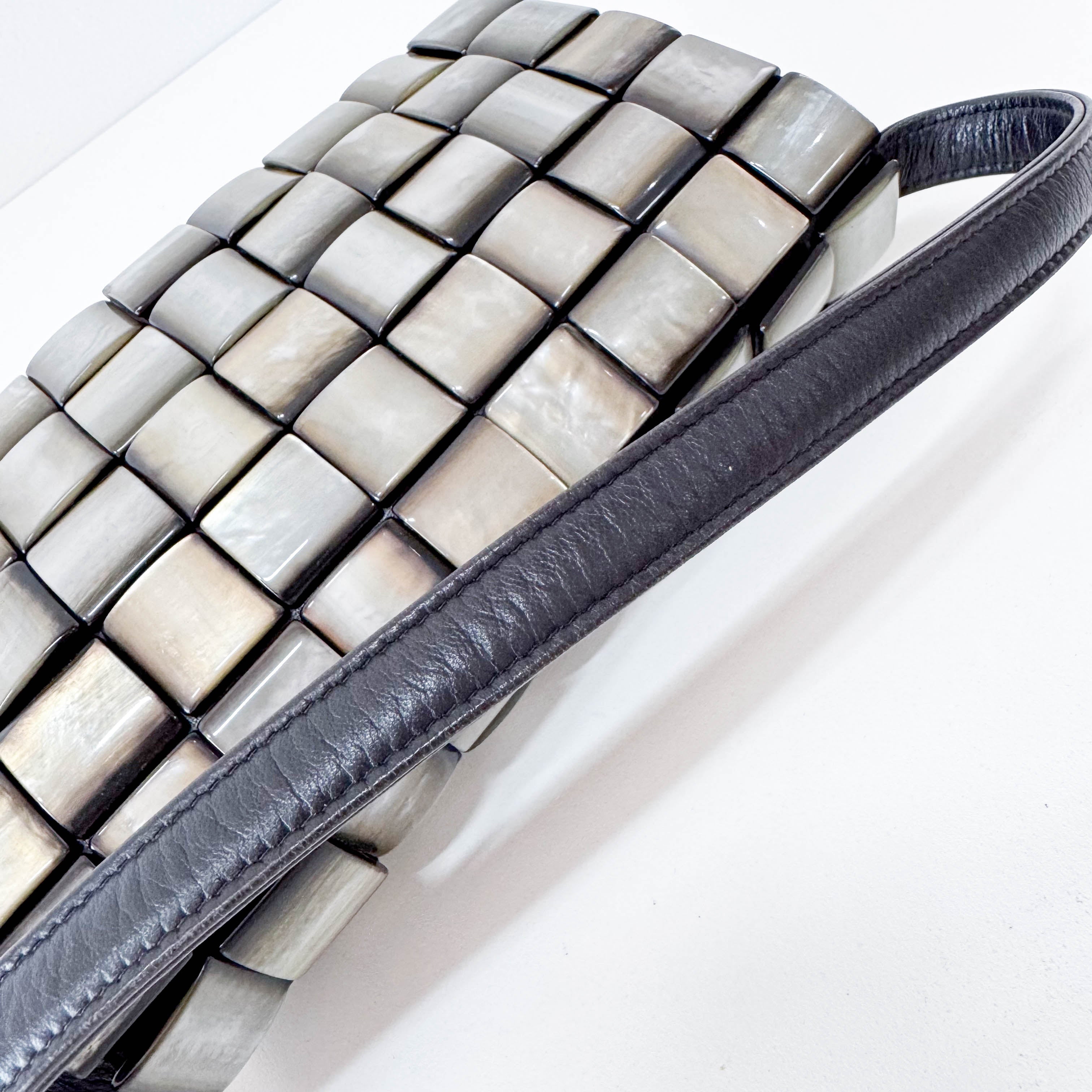 Vintage Cassette Square Mother of Pearl Embellished Black Leather Shoulder Bag