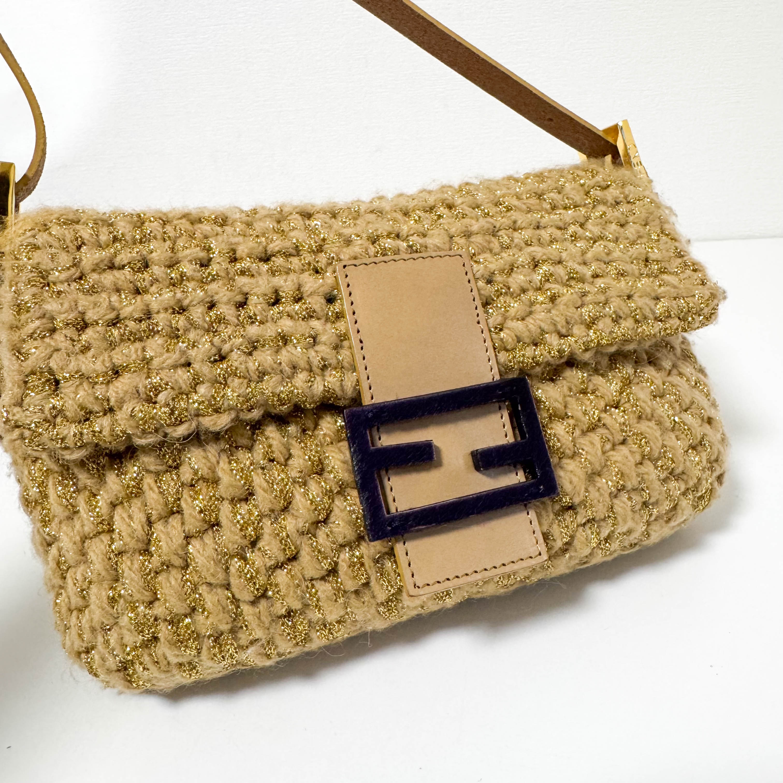 Baguette Wool Gold Shoulder Bag