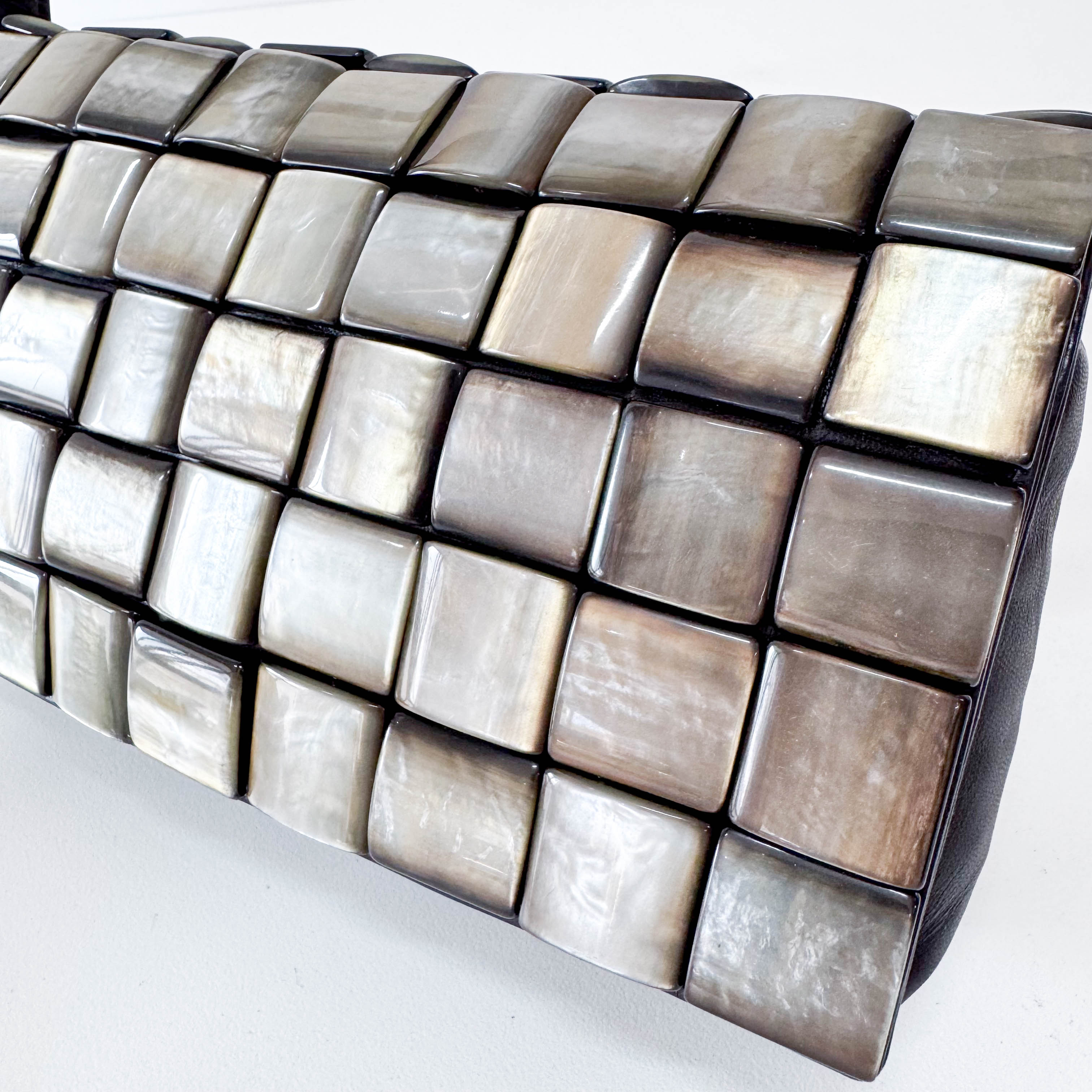 Vintage Cassette Square Mother of Pearl Embellished Black Leather Shoulder Bag