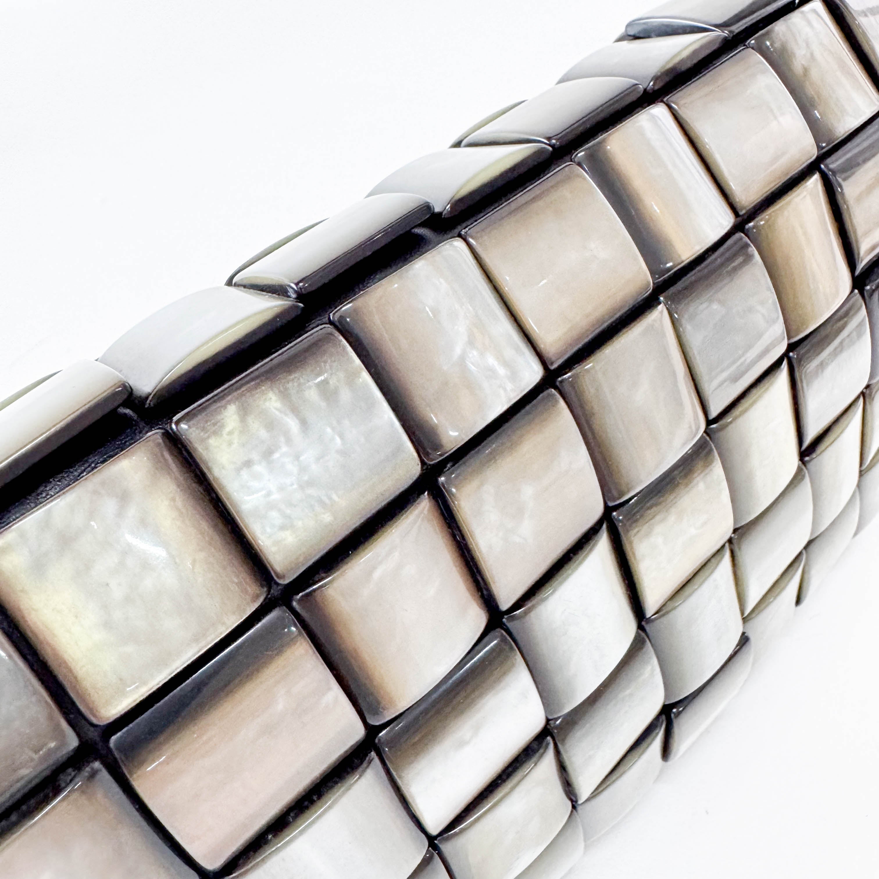 Vintage Cassette Square Mother of Pearl Embellished Black Leather Shoulder Bag