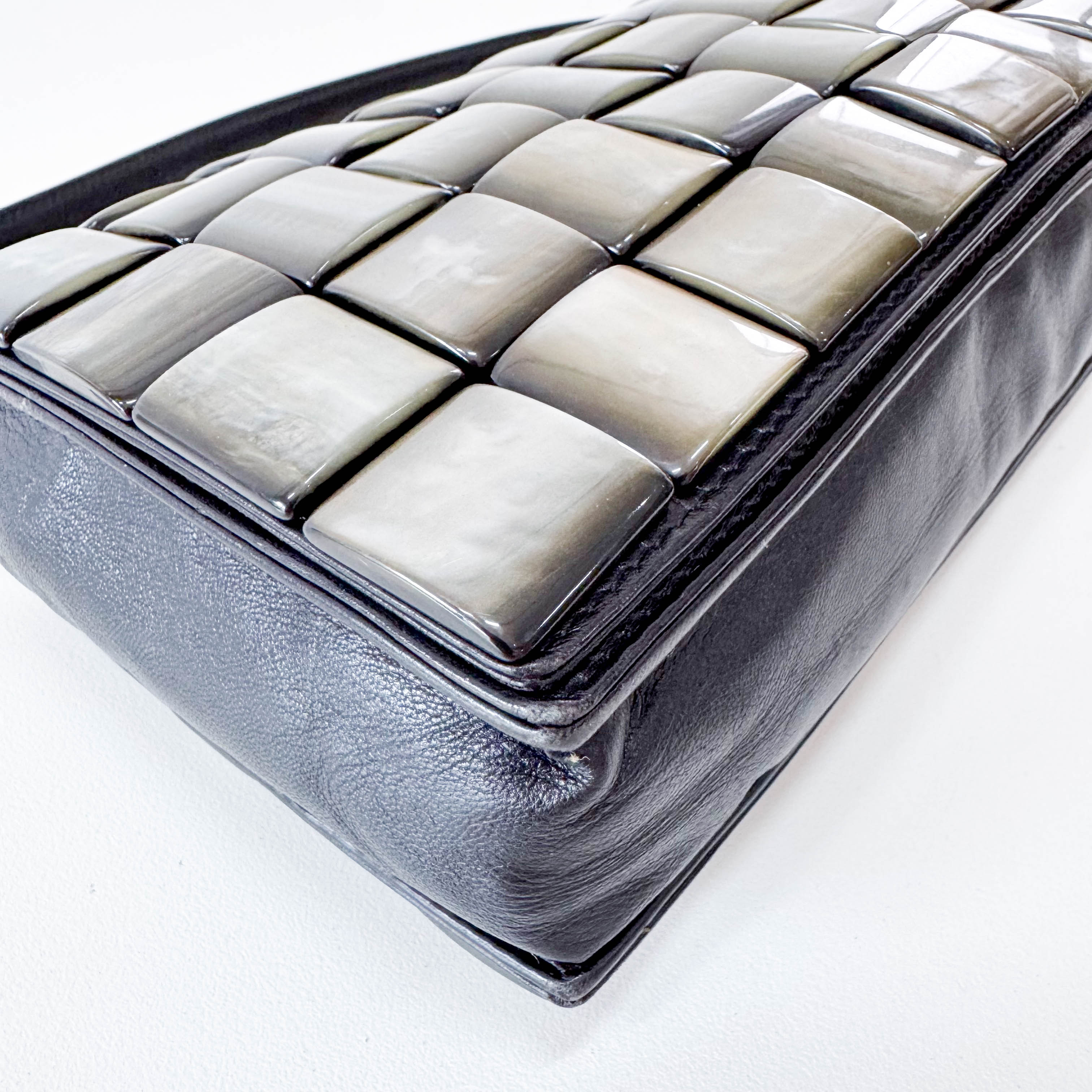 Vintage Cassette Square Mother of Pearl Embellished Black Leather Shoulder Bag