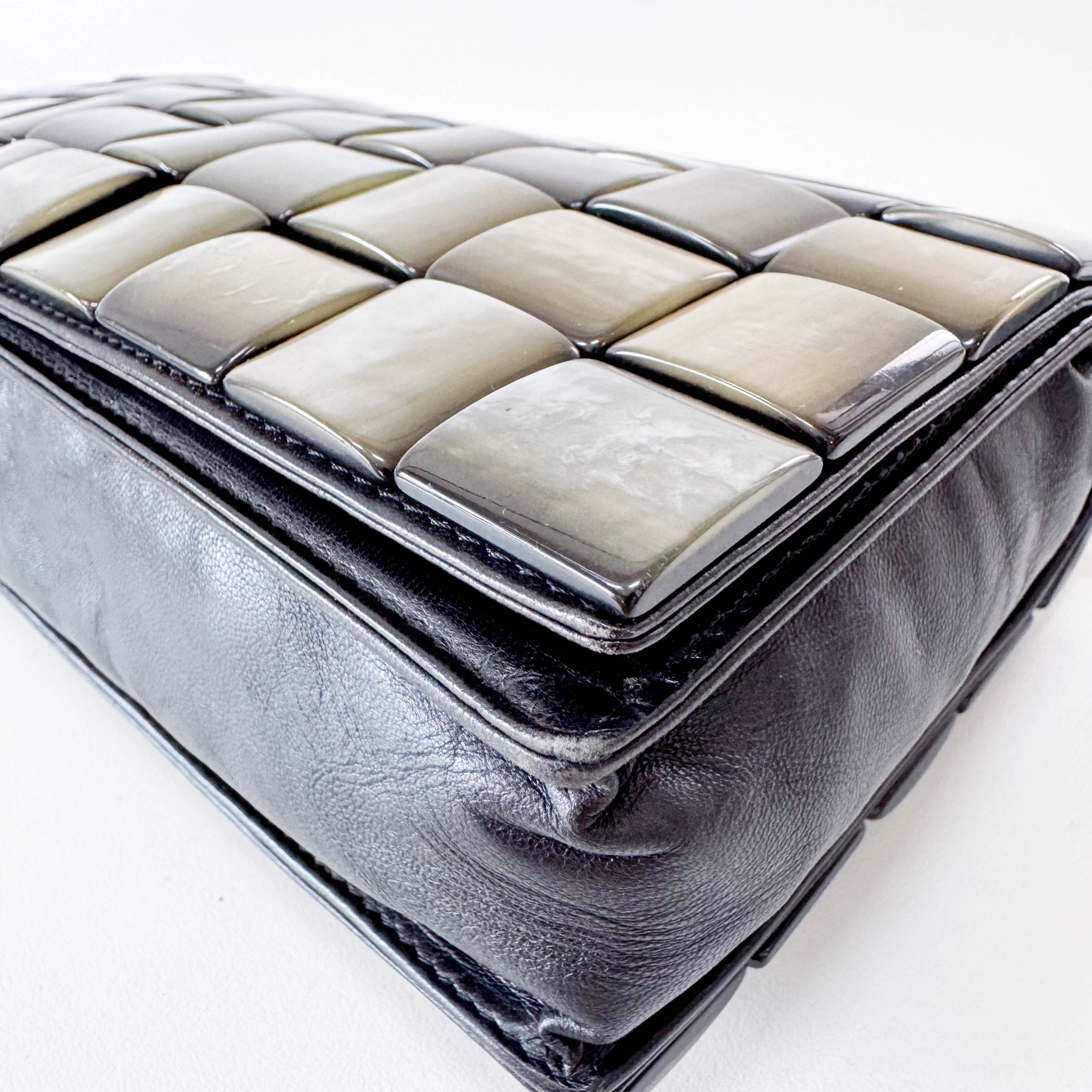 Vintage Cassette Square Mother of Pearl Embellished Black Leather Shoulder Bag