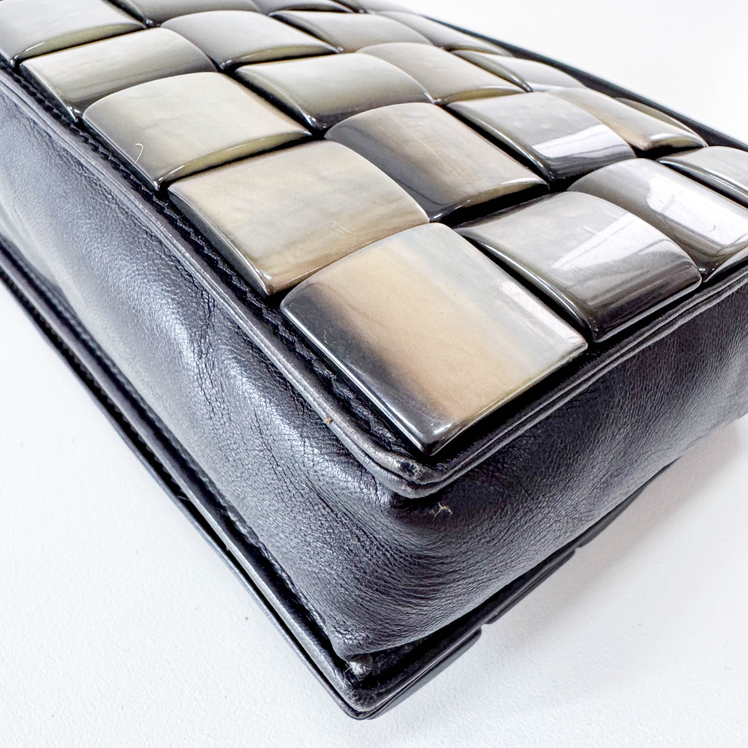 Vintage Cassette Square Mother of Pearl Embellished Black Leather Shoulder Bag