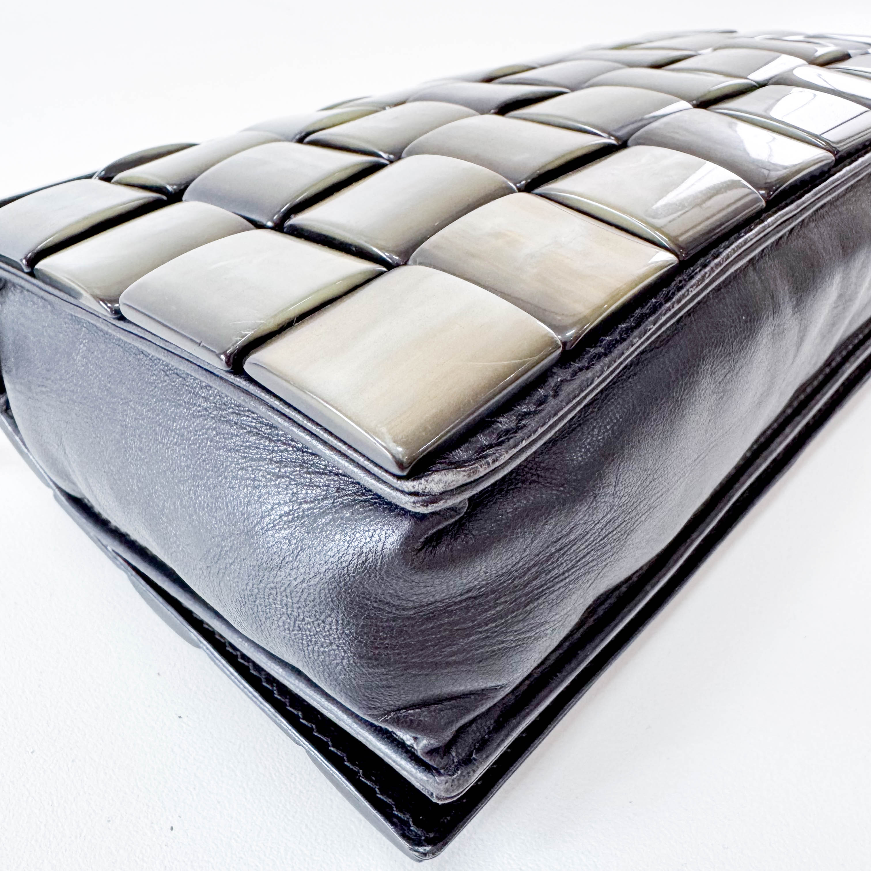 Vintage Cassette Square Mother of Pearl Embellished Black Leather Shoulder Bag