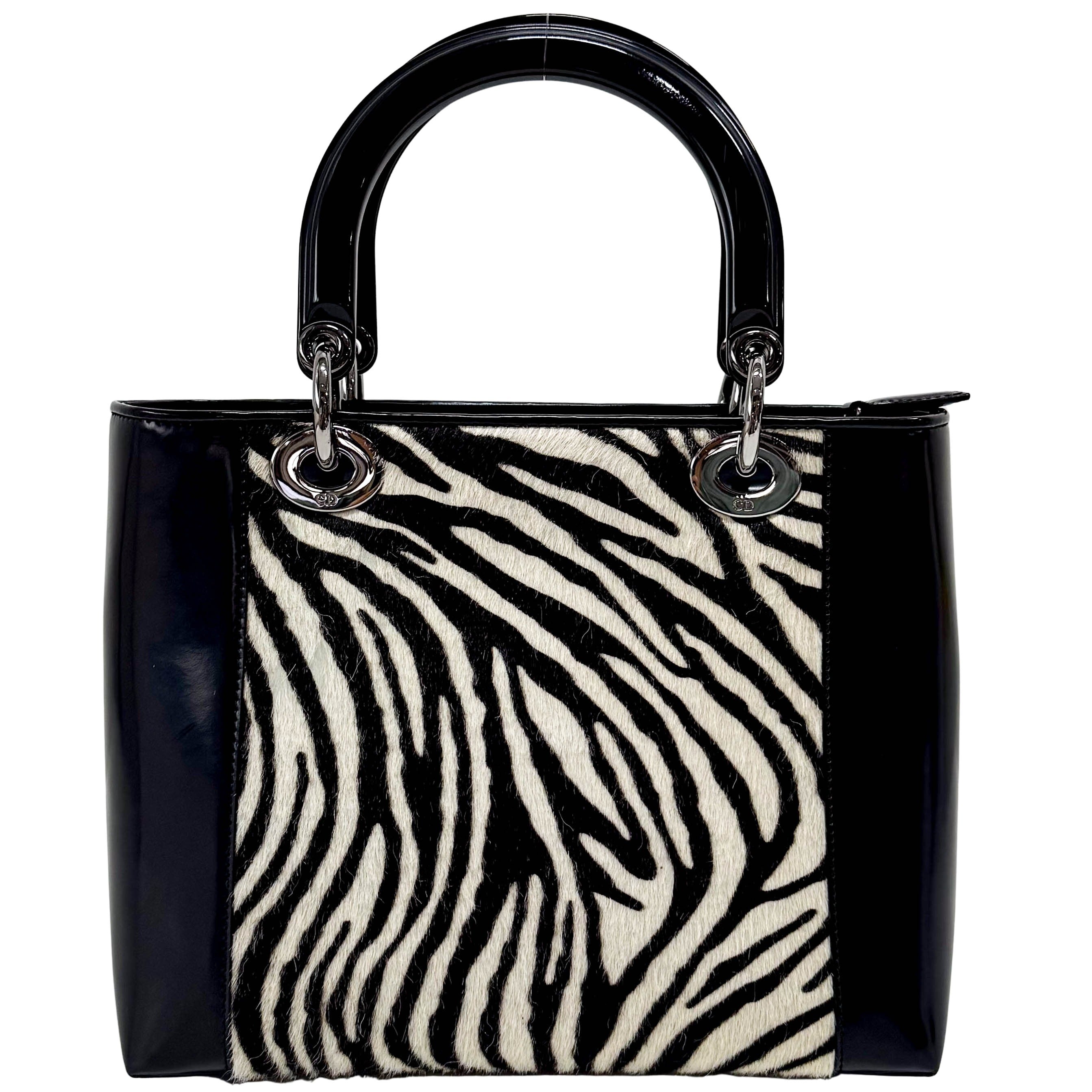 Black Patent Leather and Zebra Pony Hair Lady Dior Handbag