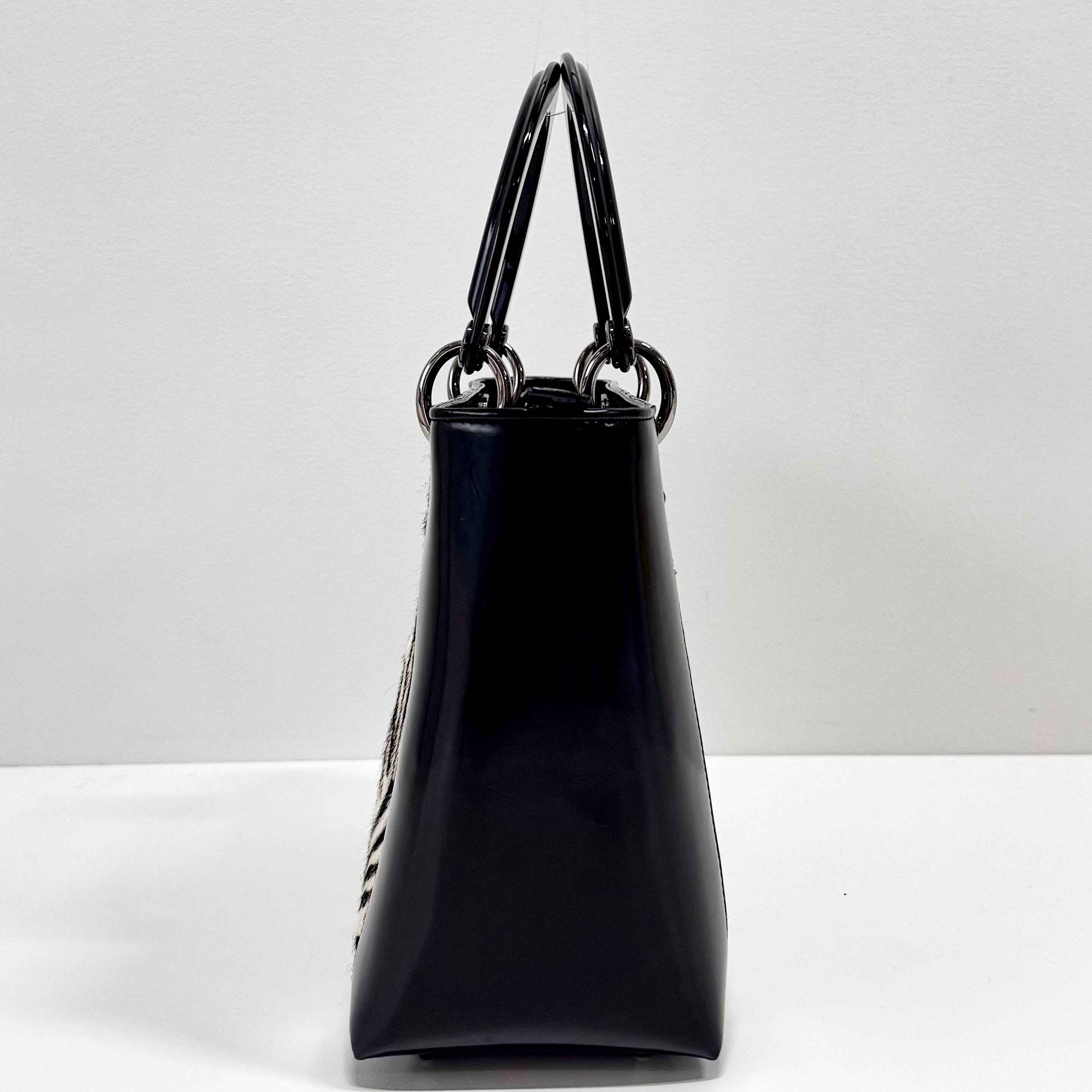 Black Patent Leather and Zebra Pony Hair Lady Dior Handbag