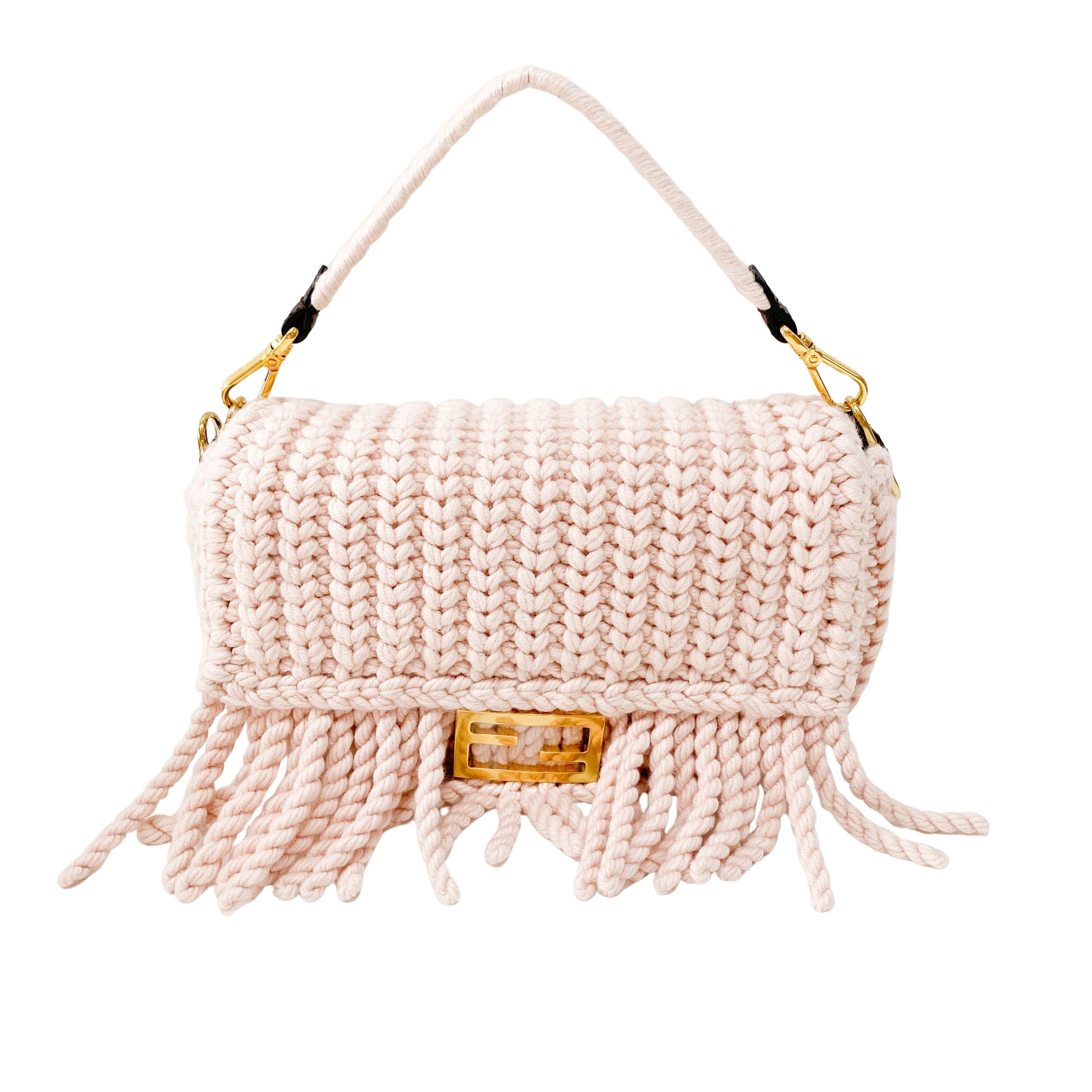 Baguette Pink Wool Knit Fringe Shoulder Bag