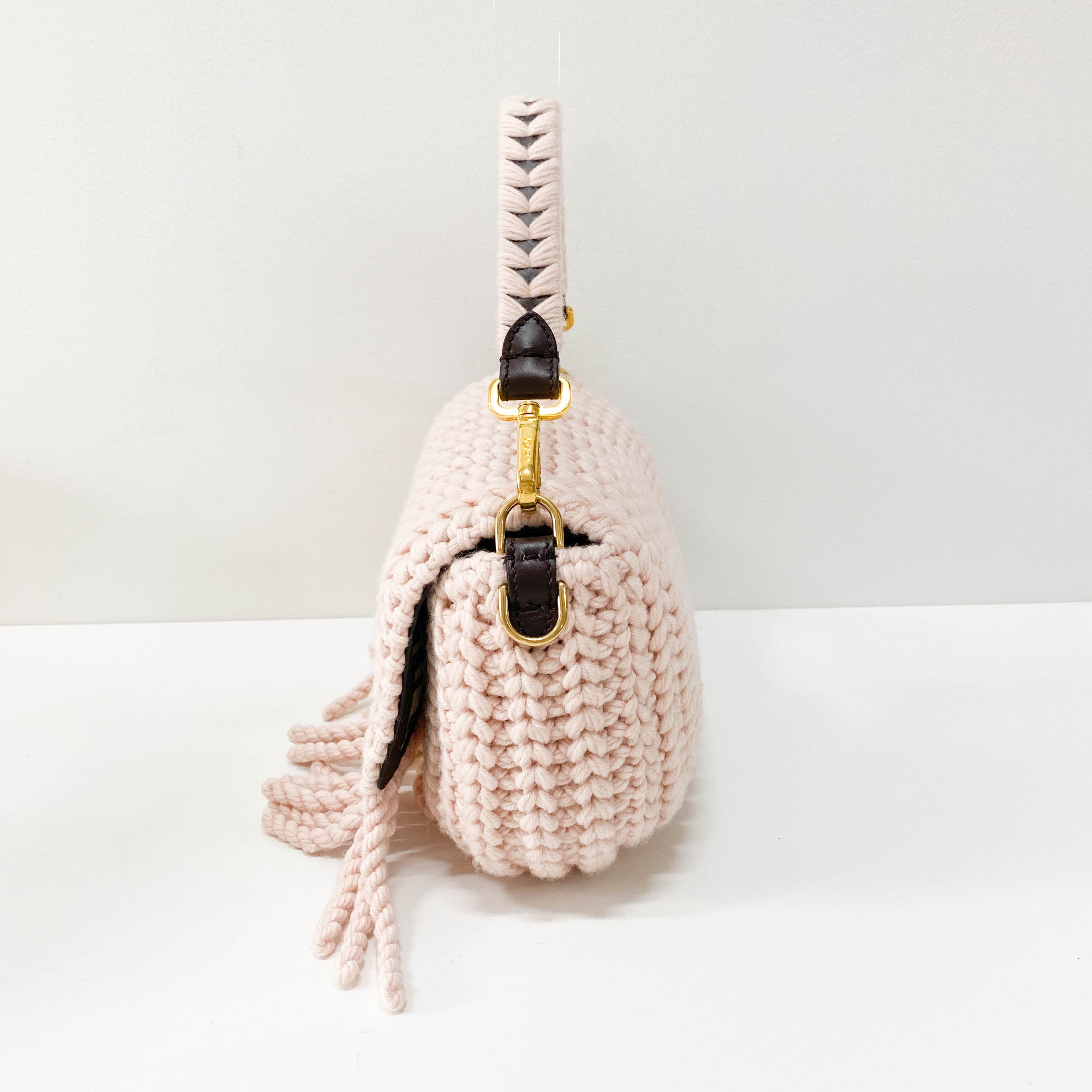 Baguette Pink Wool Knit Fringe Shoulder Bag