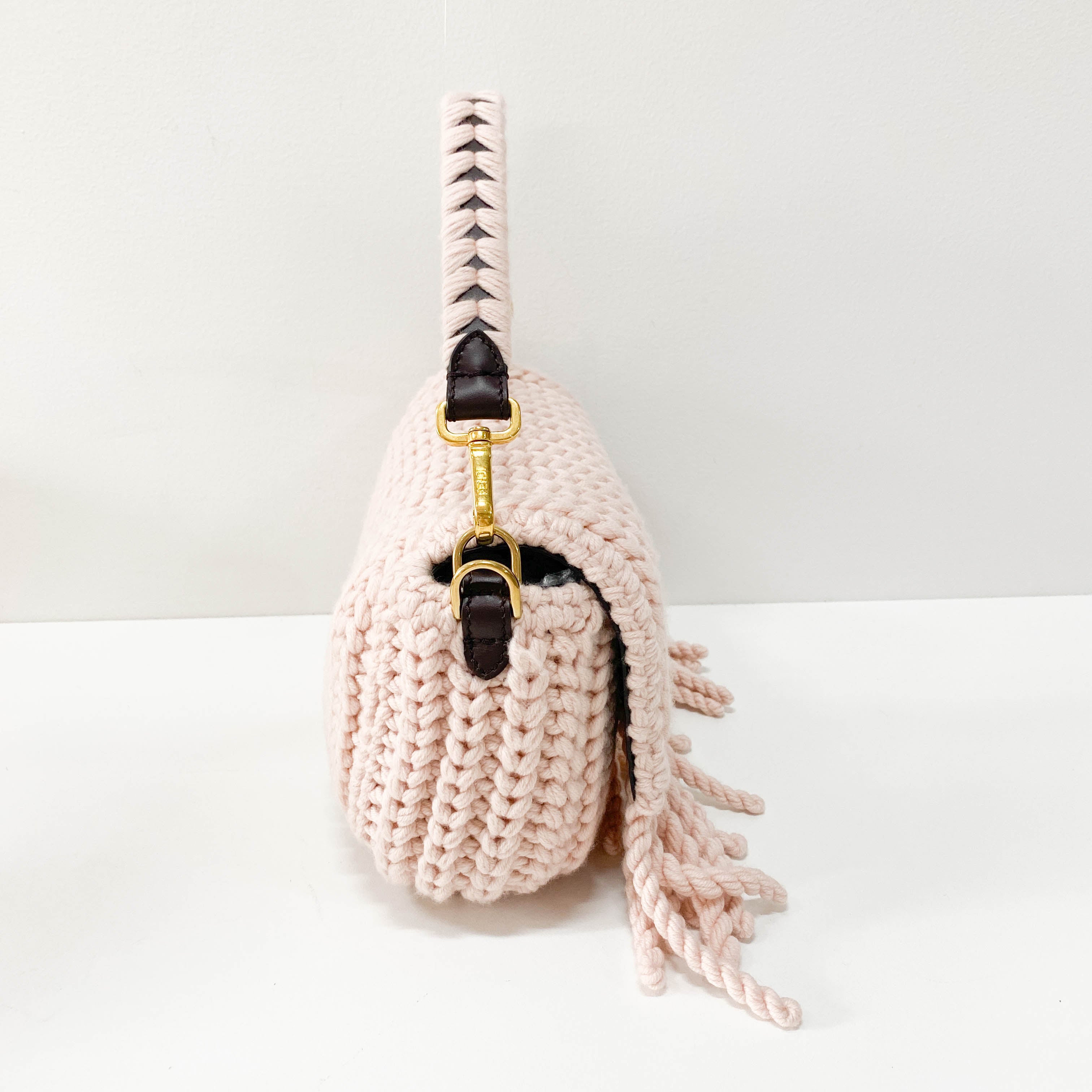 Baguette Pink Wool Knit Fringe Shoulder Bag