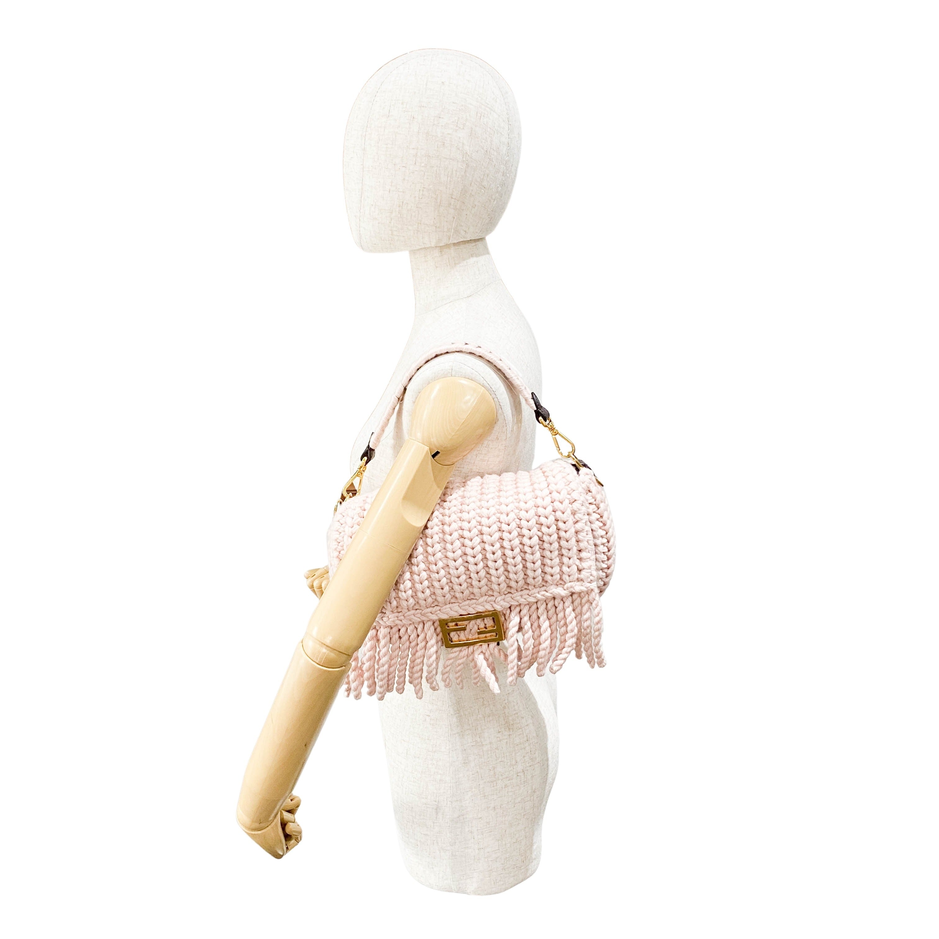 Baguette Pink Wool Knit Fringe Shoulder Bag