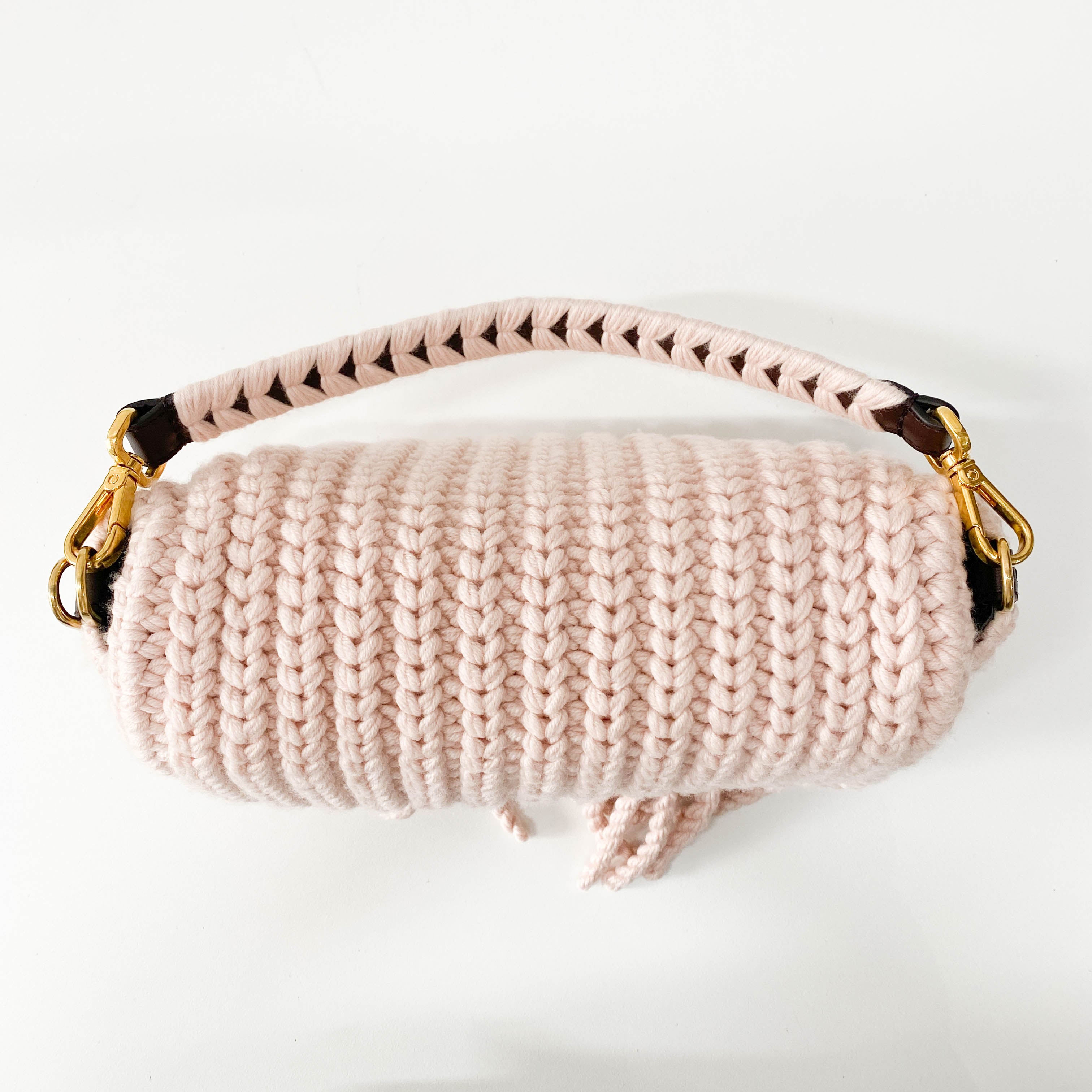 Baguette Pink Wool Knit Fringe Shoulder Bag