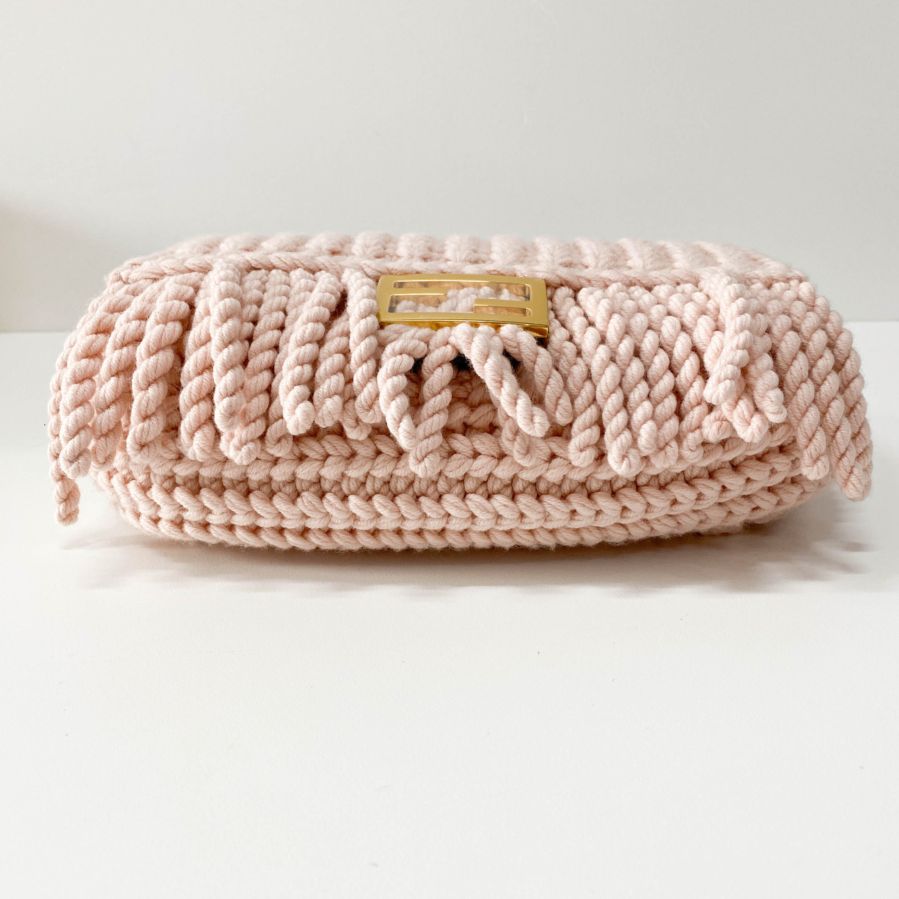 Baguette Pink Wool Knit Fringe Shoulder Bag