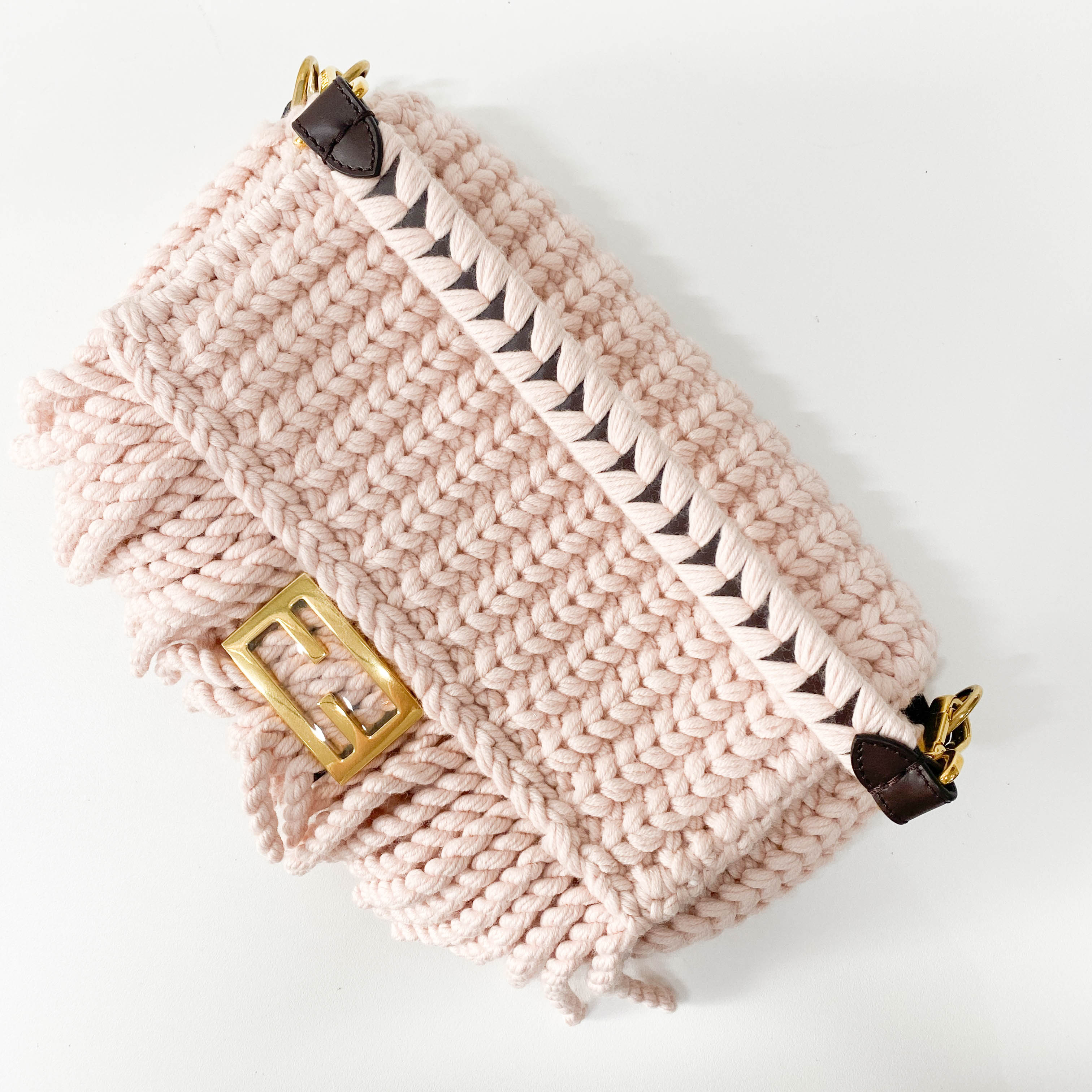 Baguette Pink Wool Knit Fringe Shoulder Bag