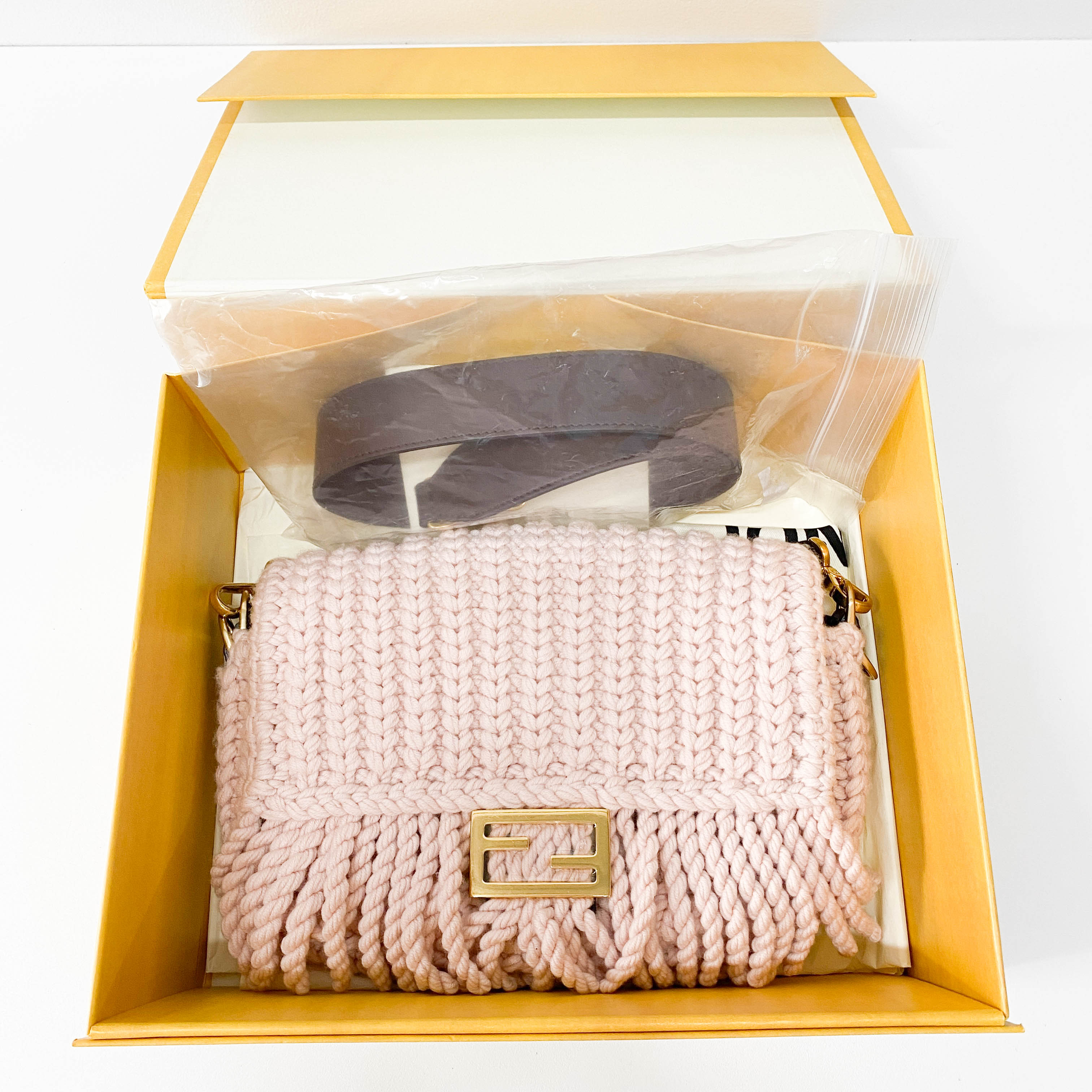 Baguette Pink Wool Knit Fringe Shoulder Bag