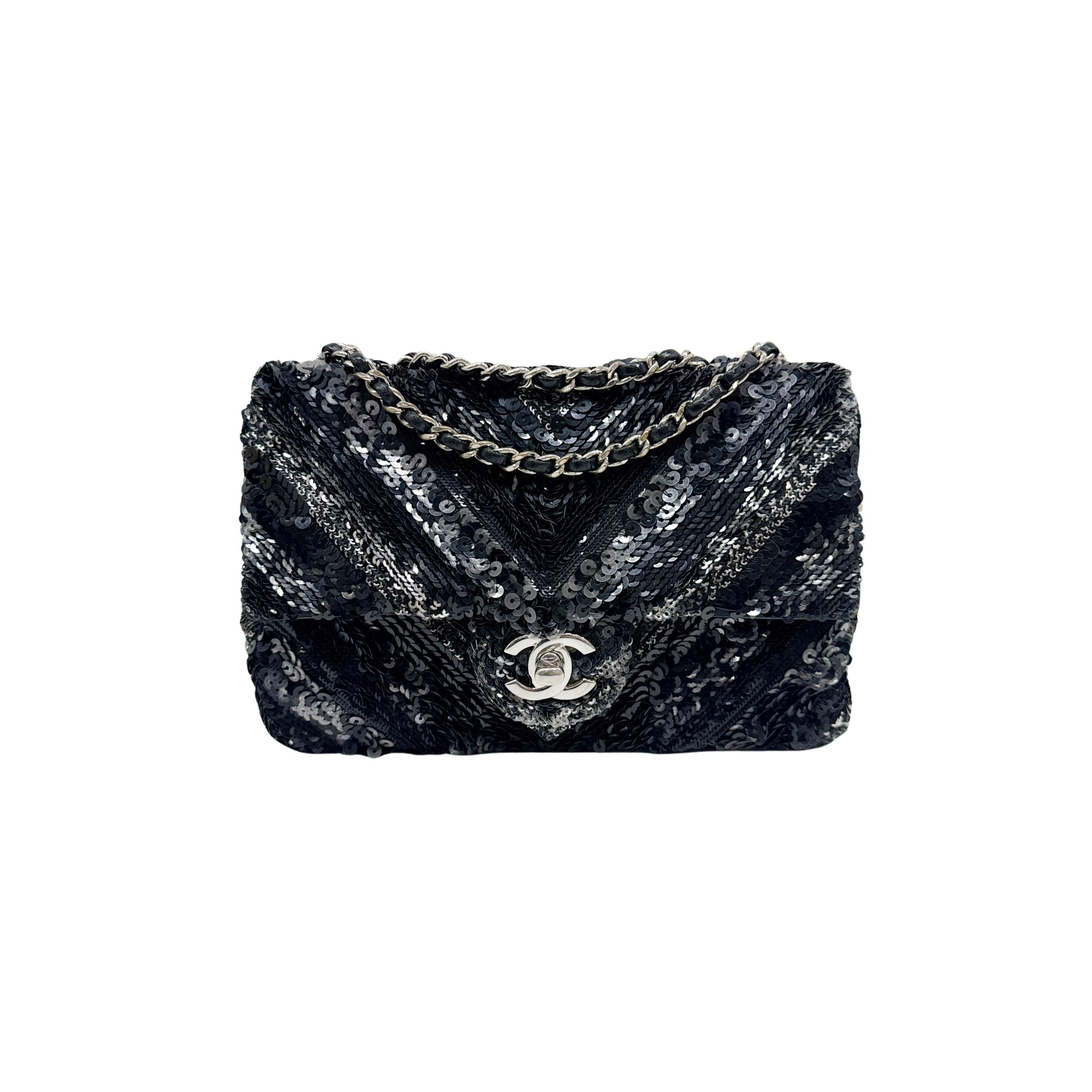 Mini Classic Flap Chevron Black Sequin Shoulder Bag