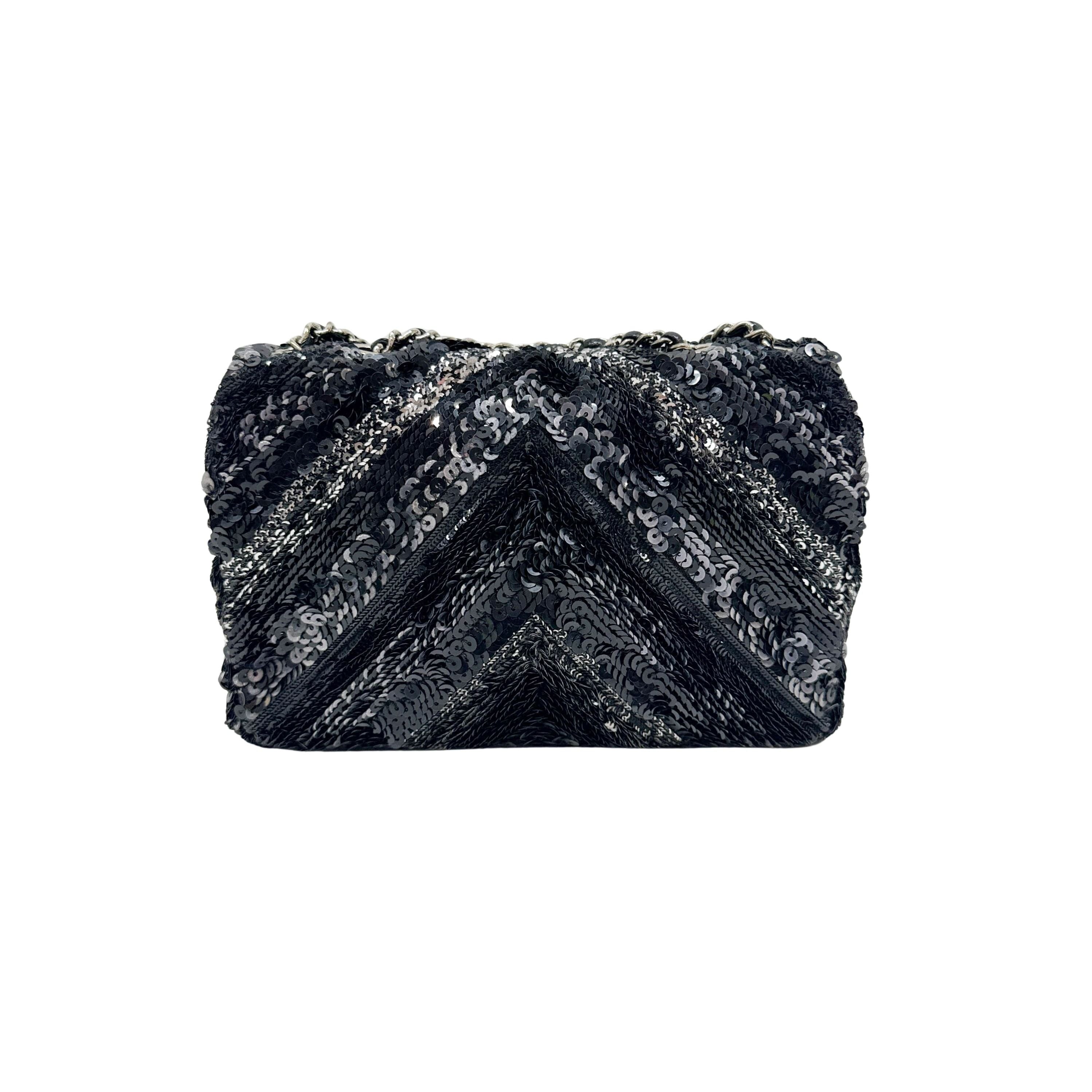 Mini Classic Flap Chevron Black Sequin Shoulder Bag