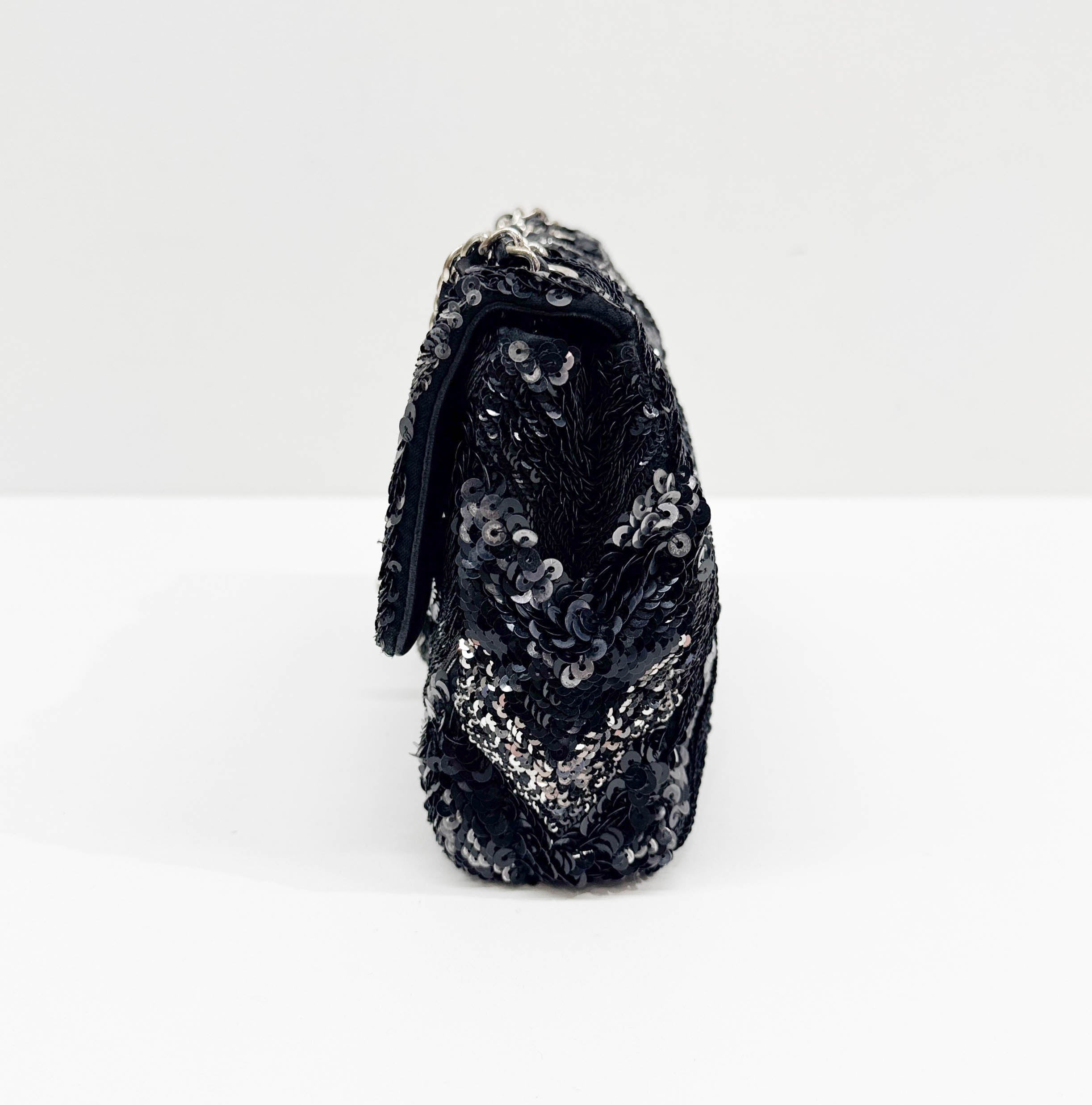 Mini Classic Flap Chevron Black Sequin Shoulder Bag