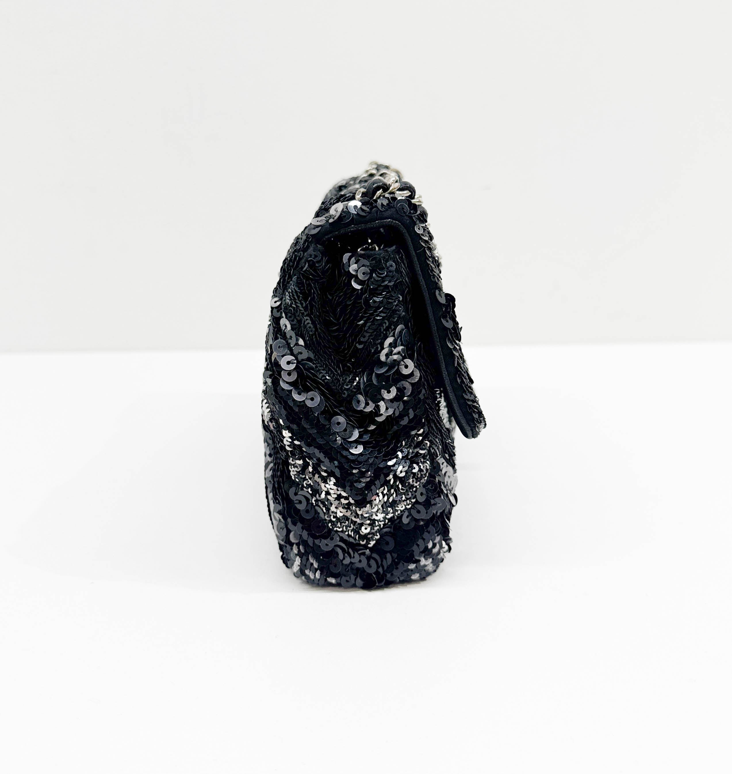 Mini Classic Flap Chevron Black Sequin Shoulder Bag