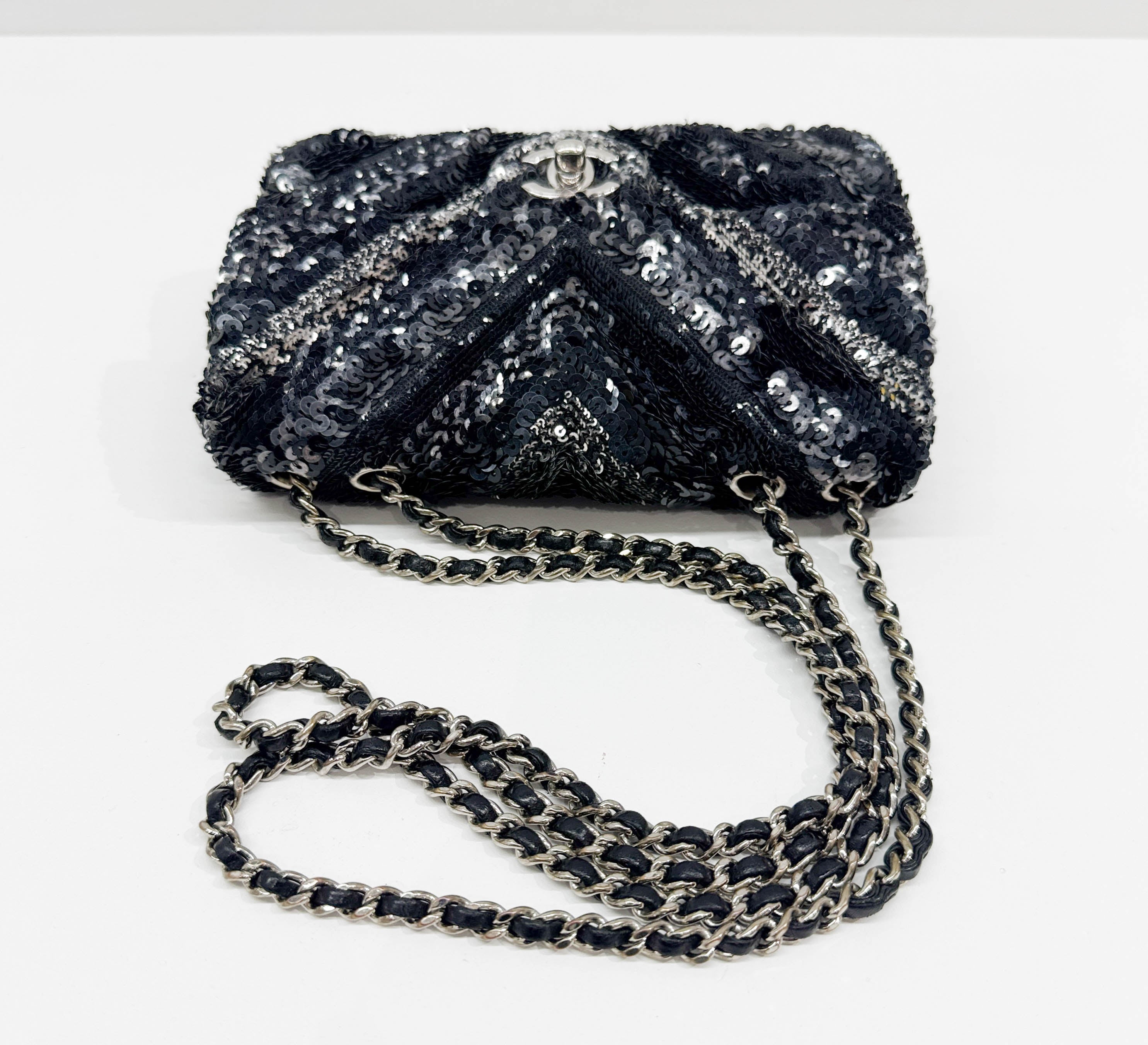 Mini Classic Flap Chevron Black Sequin Shoulder Bag