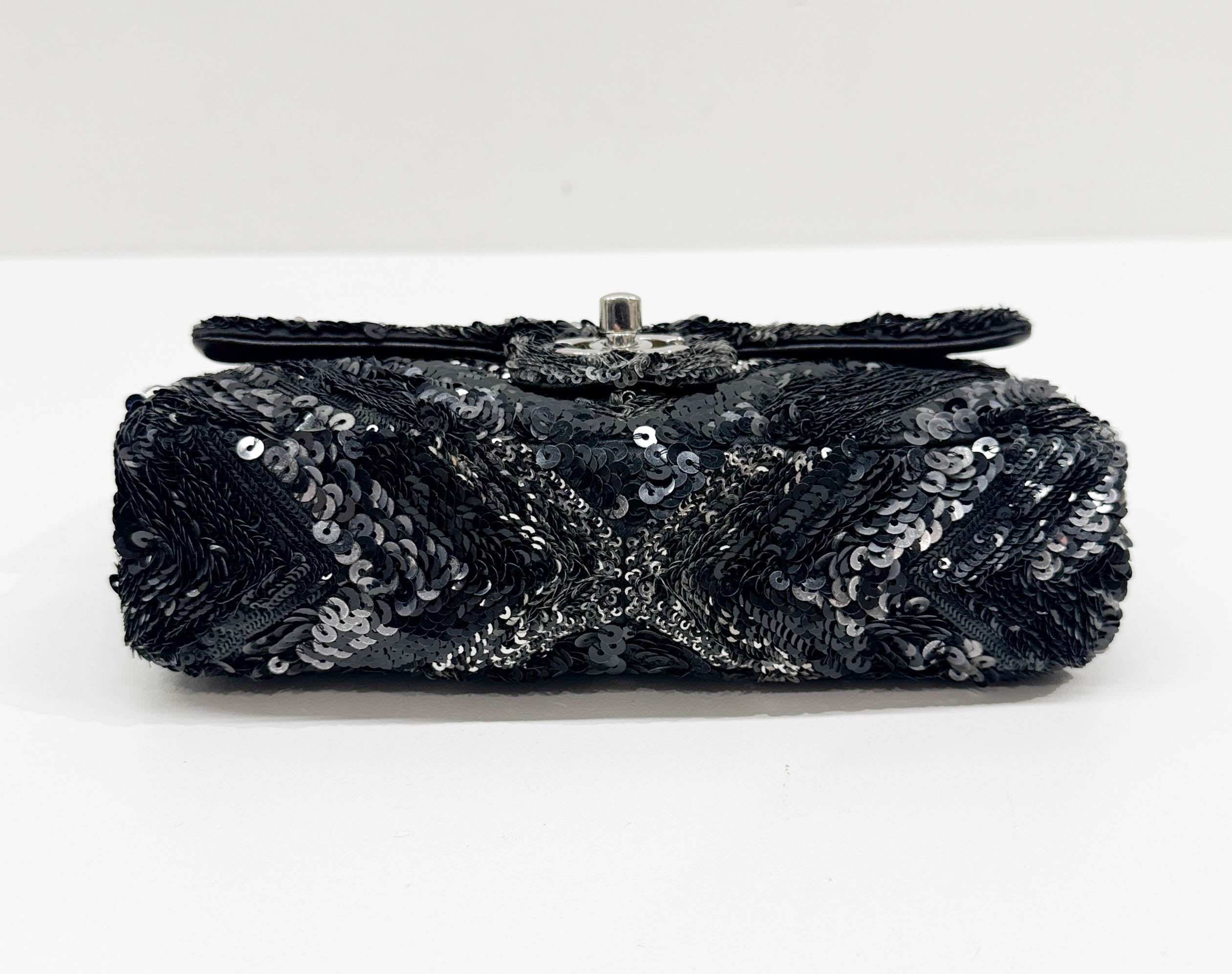 Mini Classic Flap Chevron Black Sequin Shoulder Bag