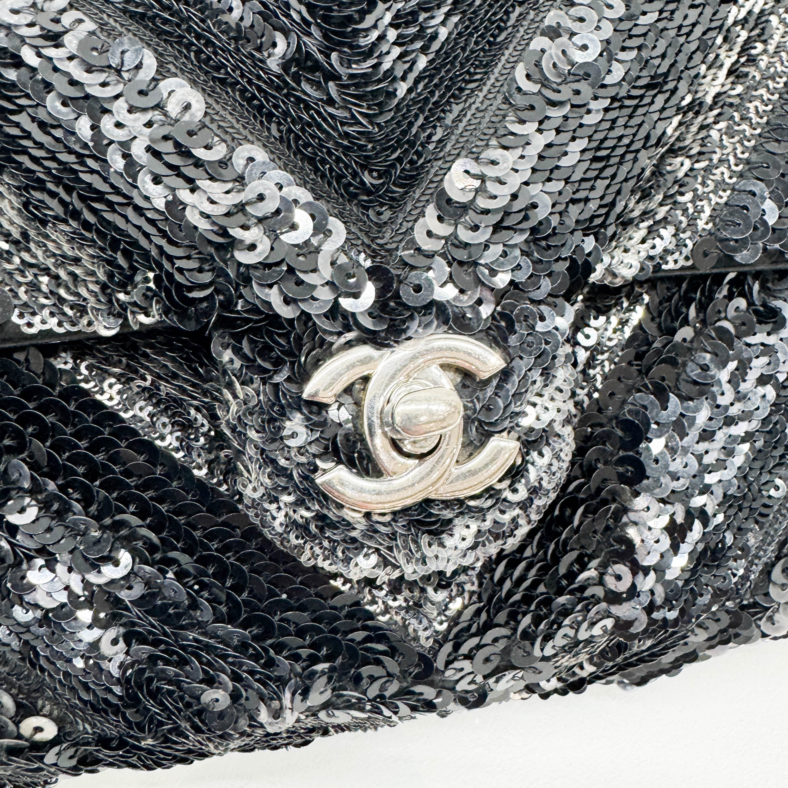 Mini Classic Flap Chevron Black Sequin Shoulder Bag
