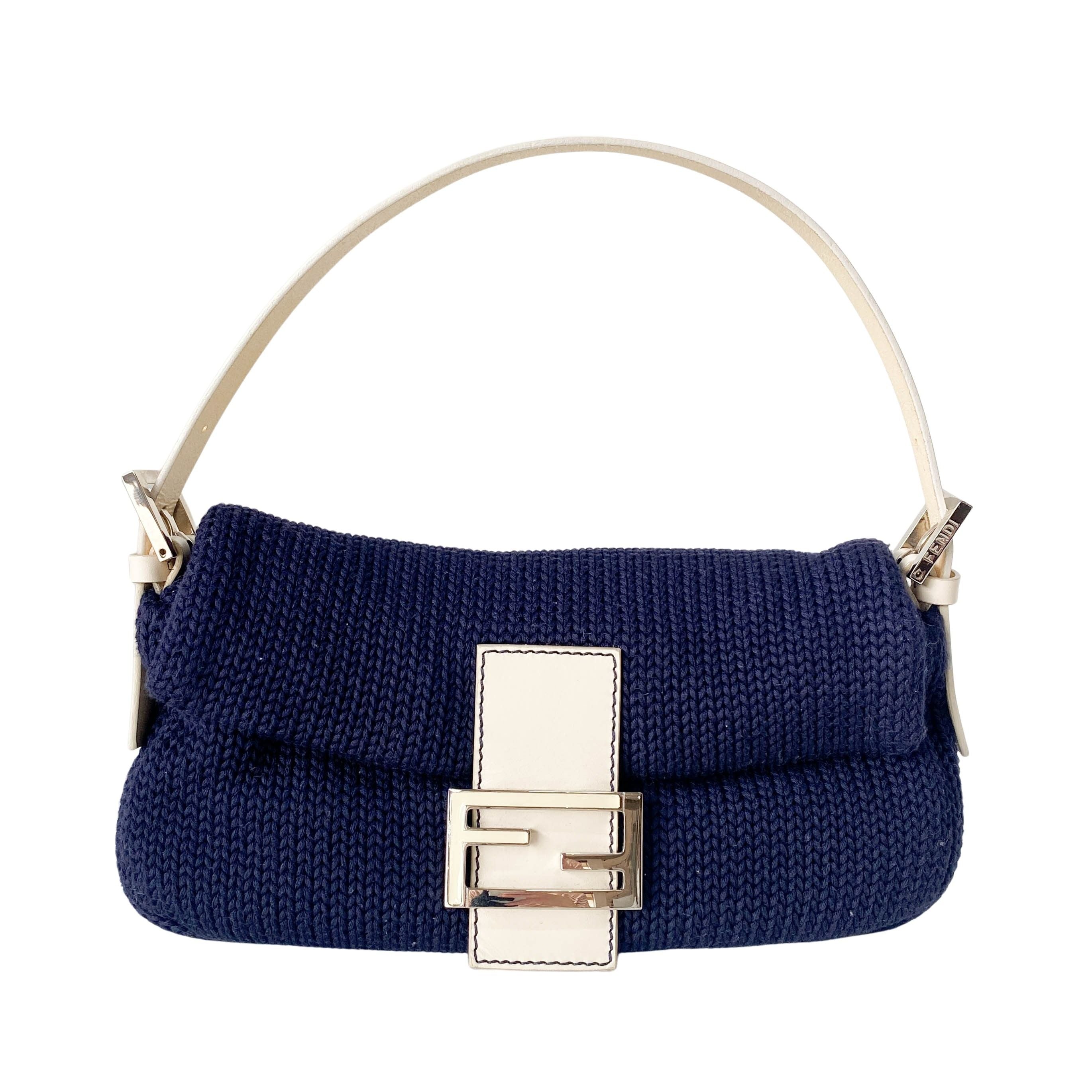 Baguette Navy Blue Wool with White Handle and Logo Shoulder Bag