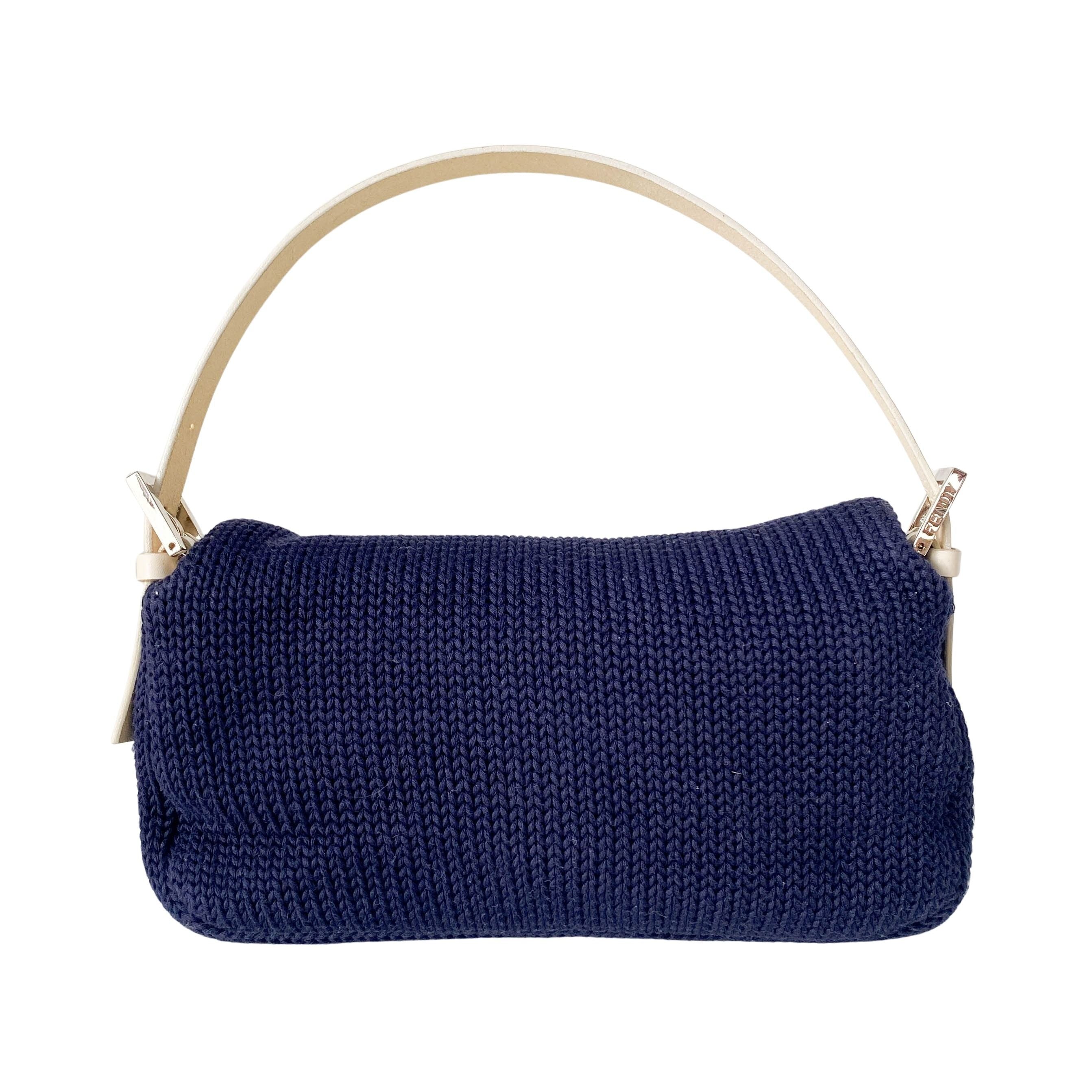 Baguette Navy Blue Wool with White Handle and Logo Shoulder Bag