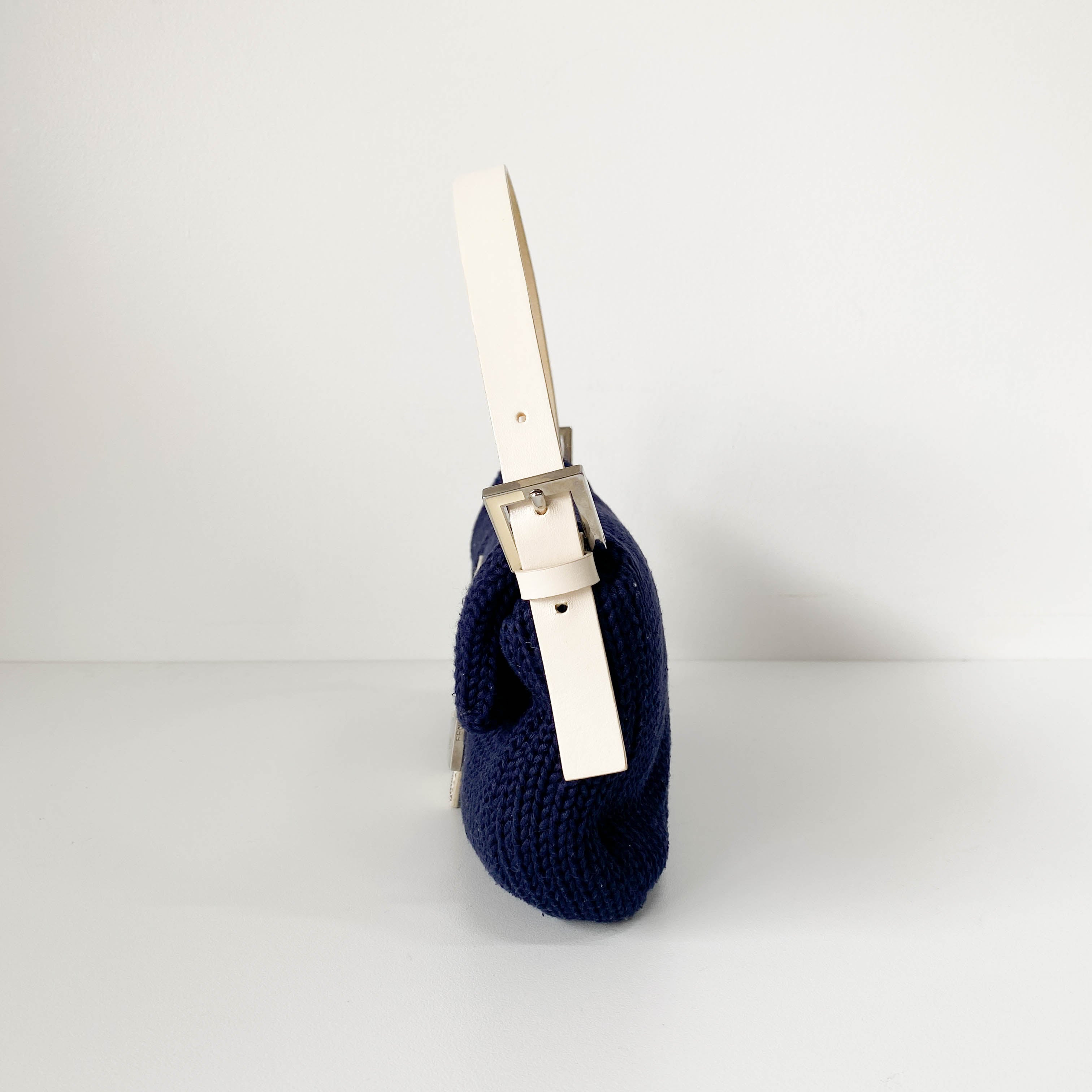 Baguette Navy Blue Wool with White Handle and Logo Shoulder Bag