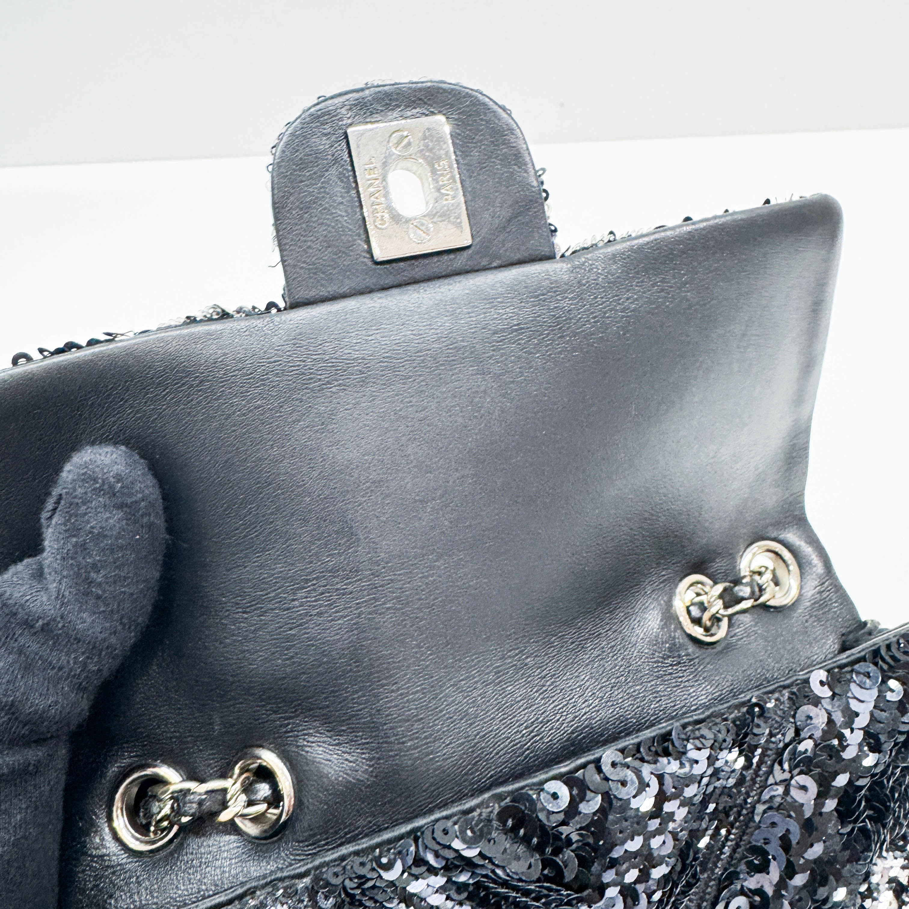 Mini Classic Flap Chevron Black Sequin Shoulder Bag