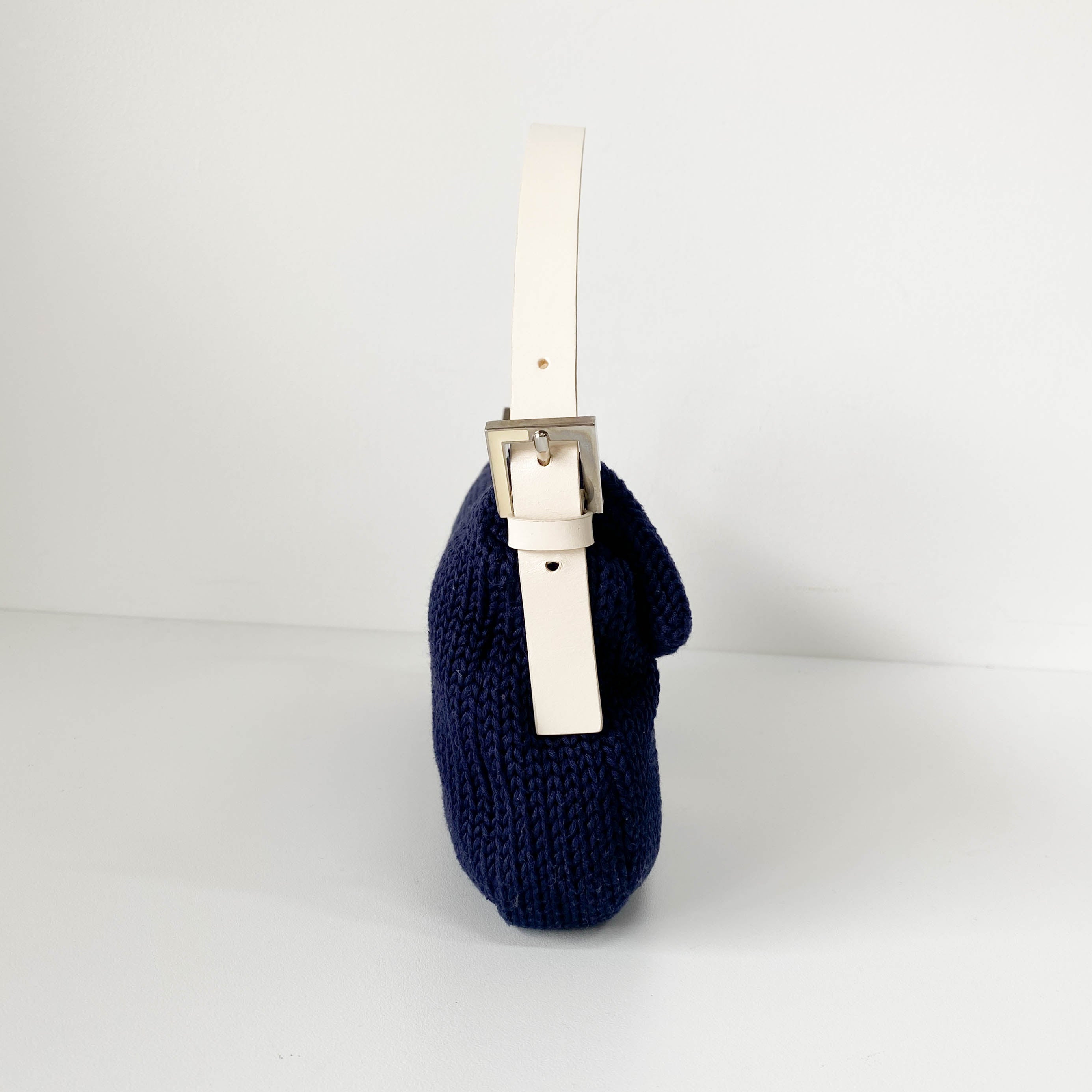 Baguette Navy Blue Wool with White Handle and Logo Shoulder Bag