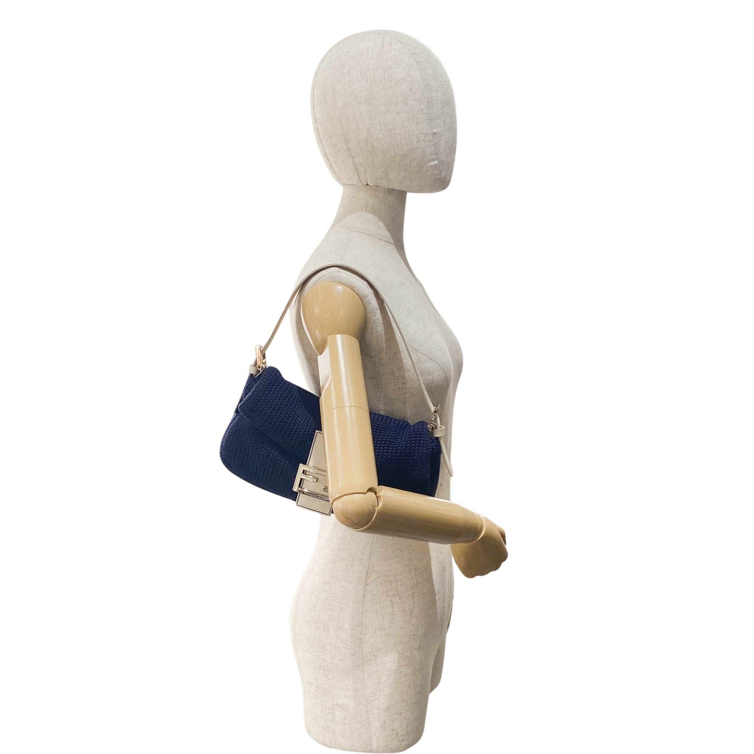 Baguette Navy Blue Wool with White Handle and Logo Shoulder Bag