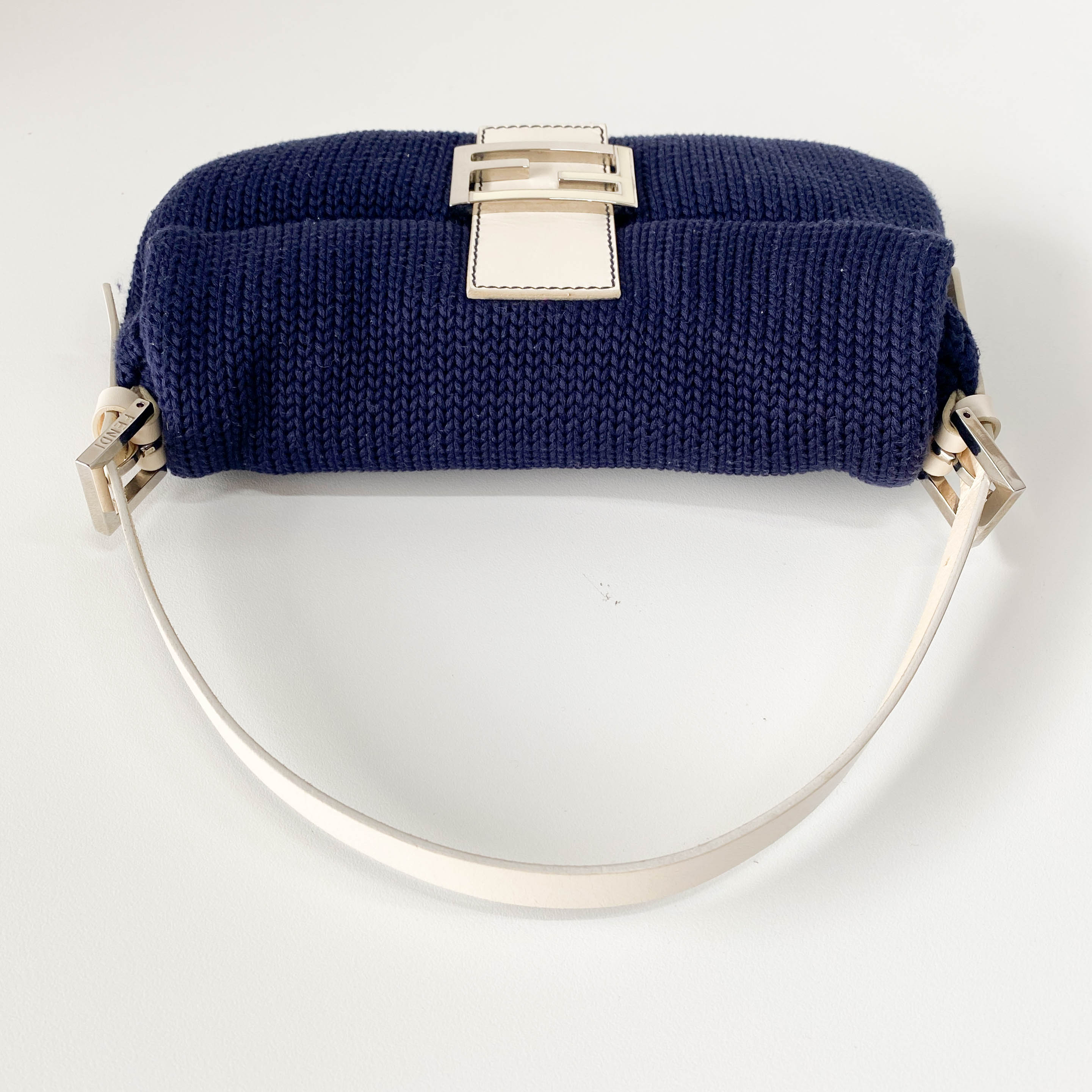 Baguette Navy Blue Wool with White Handle and Logo Shoulder Bag
