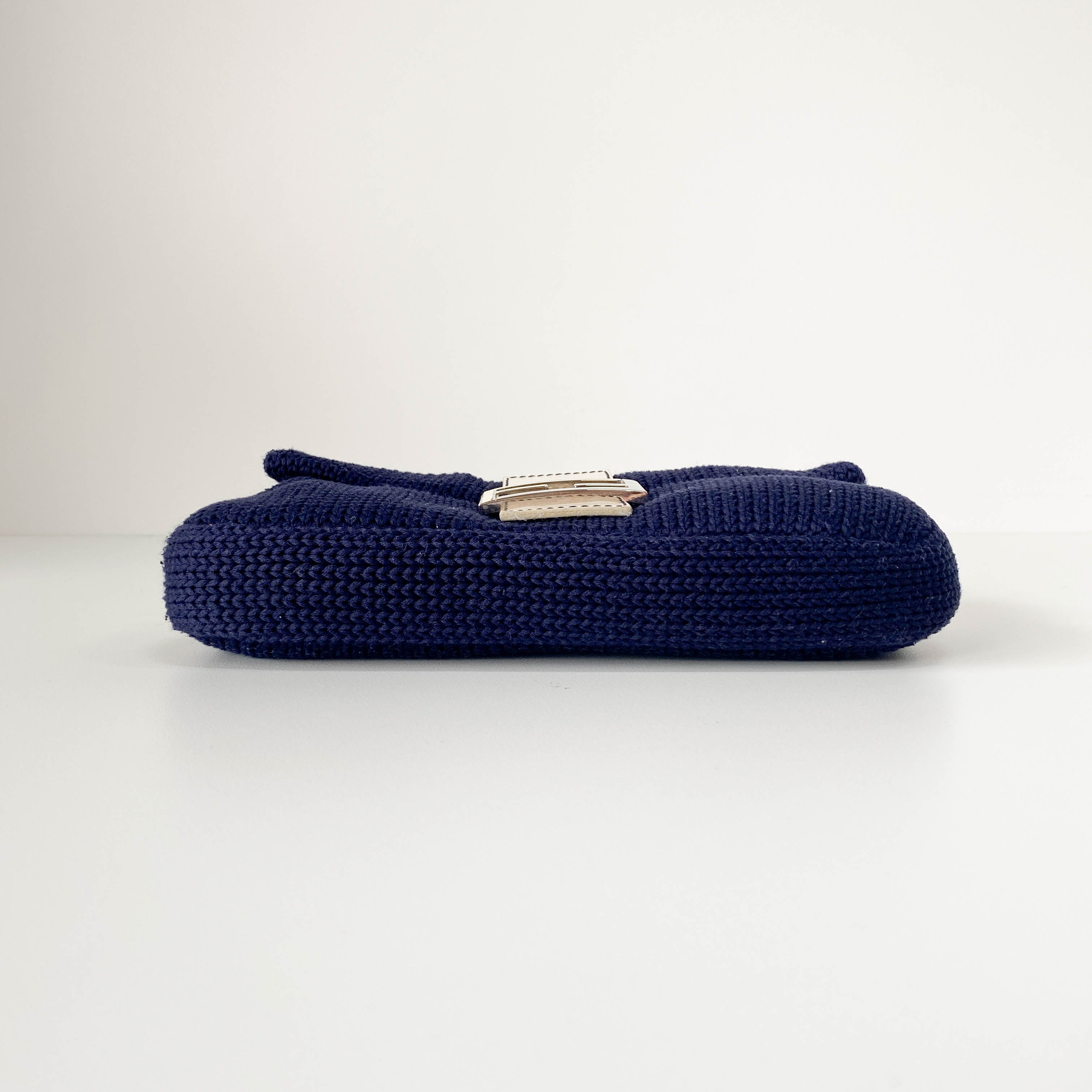 Baguette Navy Blue Wool with White Handle and Logo Shoulder Bag