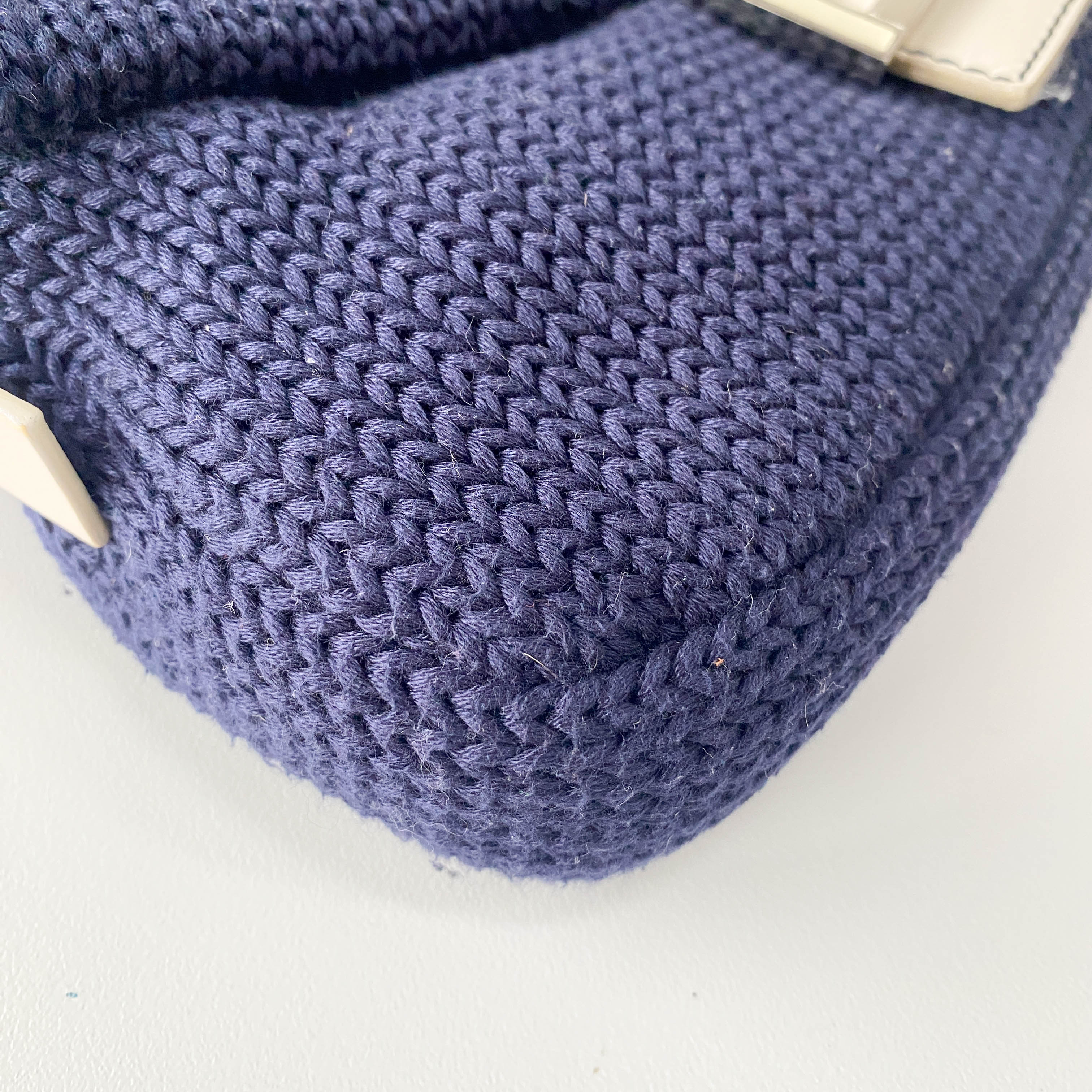 Baguette Navy Blue Wool with White Handle and Logo Shoulder Bag