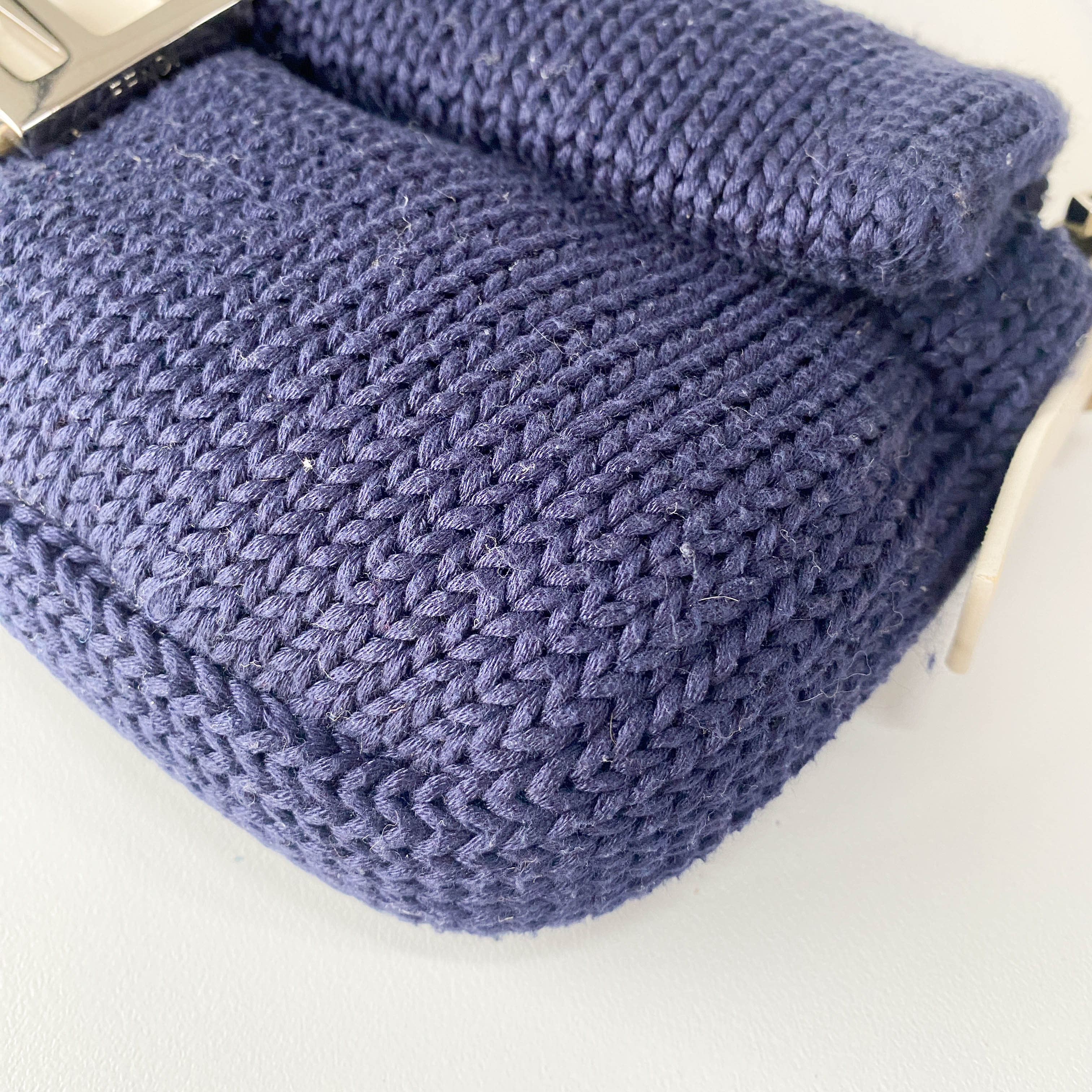 Baguette Navy Blue Wool with White Handle and Logo Shoulder Bag